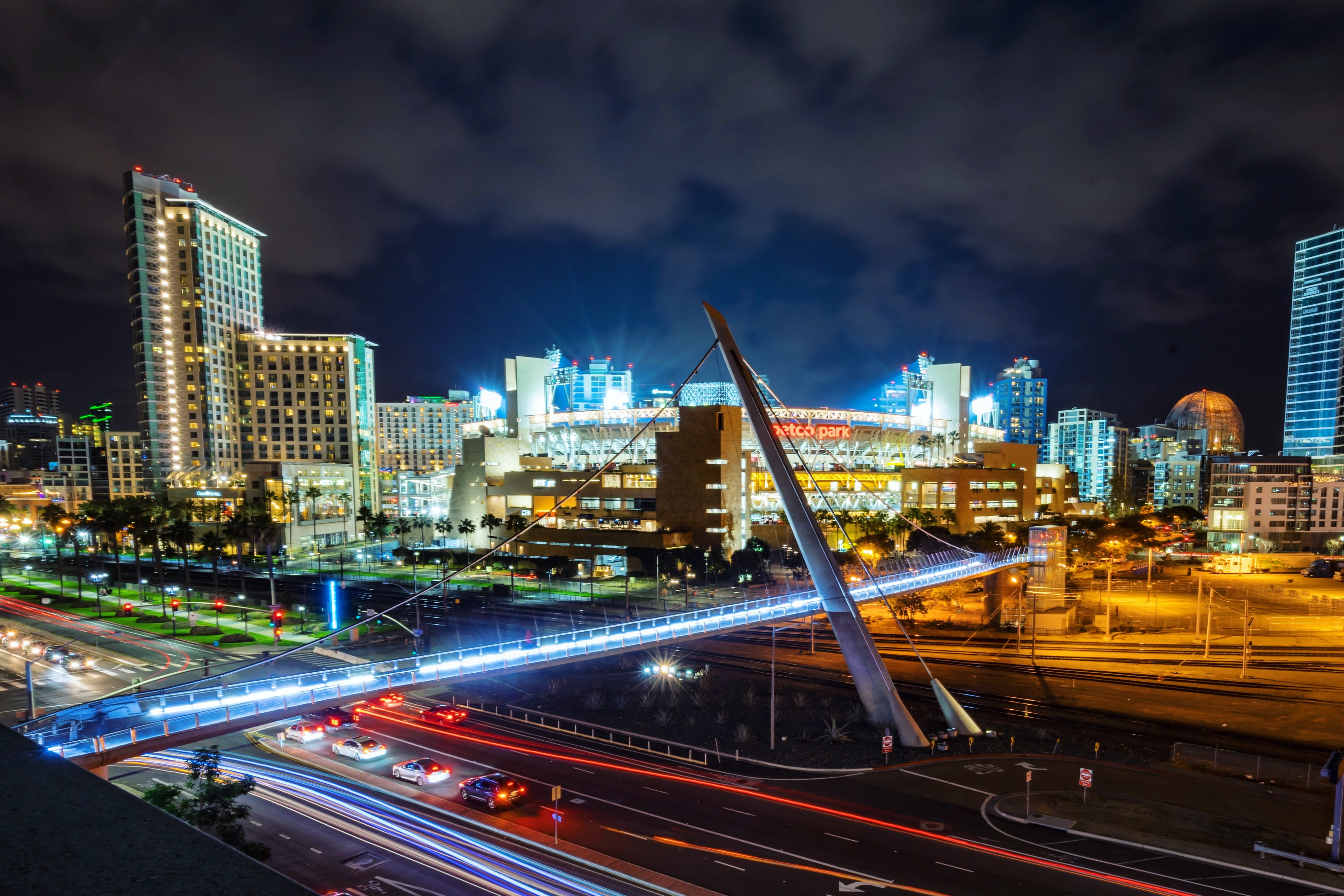 busy, night, no people, united states, multiple lane highway, illuminated, financial district, long exposure, architecture, city life, 4K, cityscape, transportation, HD Wallpaper