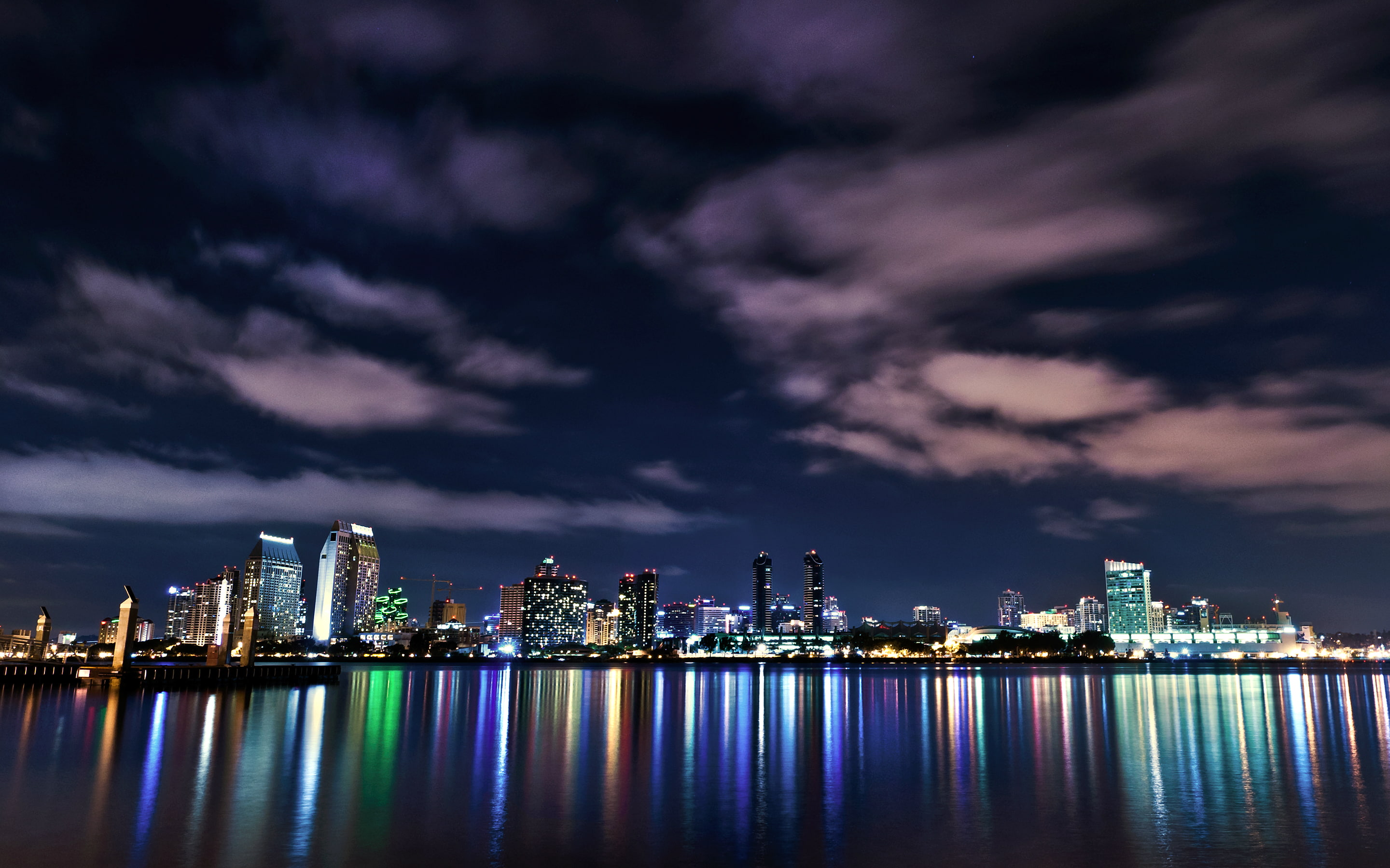 skyscrapers, USA, the ocean, clouds, backlight, 2K, downtown, San Diego, night, reflection, California, buildings, lights, ocean, building, sky, the sky, HD Wallpaper