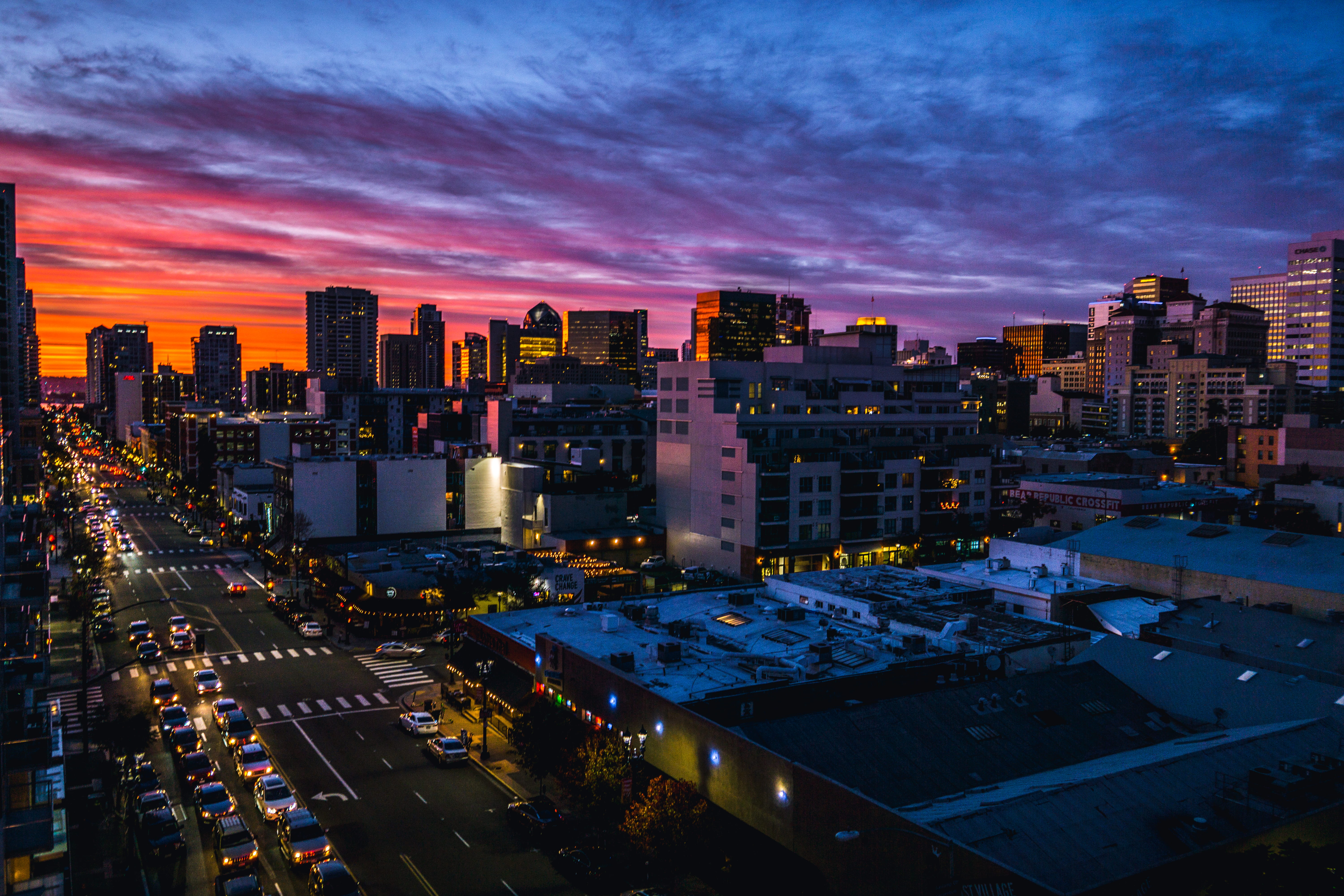 city life, urban skyline, street, san diego, scenery, road, sunset, town, motor vehicle, dusk, transportation, cloud - sky, downtown, intersection, modern, HD Wallpaper