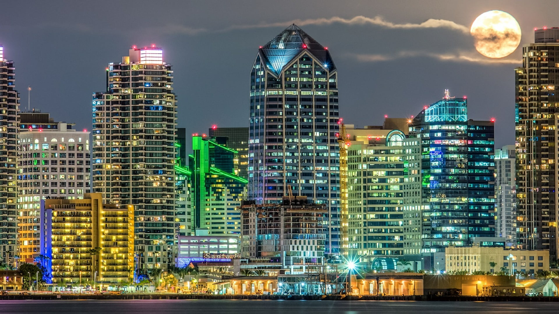 city lights, building exterior, cloud - sky, no people, financial district, moon, night, nature, illuminated, sky, tall - high, 1080P, travel destinations, HD Wallpaper