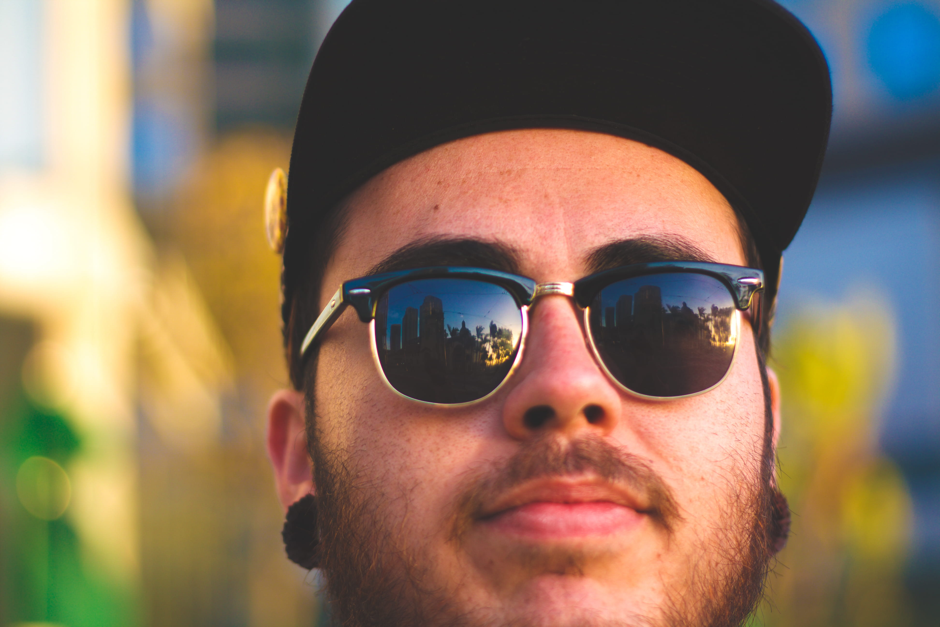 glasses, 4K, adult, men, sunglasses, one person, beard, close-up, human face, headshot, body part, cityscape, mid adult men, downtown, fashion, united states, HD Wallpaper