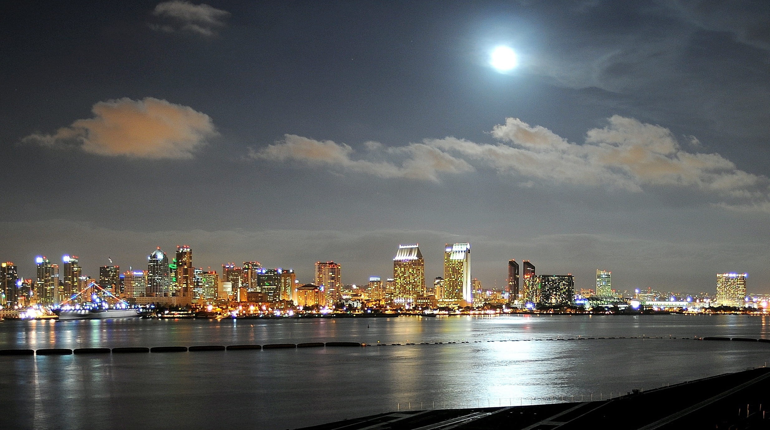 financial district, moon, harbor, front, city, water, transportation, night, photography, skyline, cloud - sky, time, nightlife, travel destinations, river, HD Wallpaper