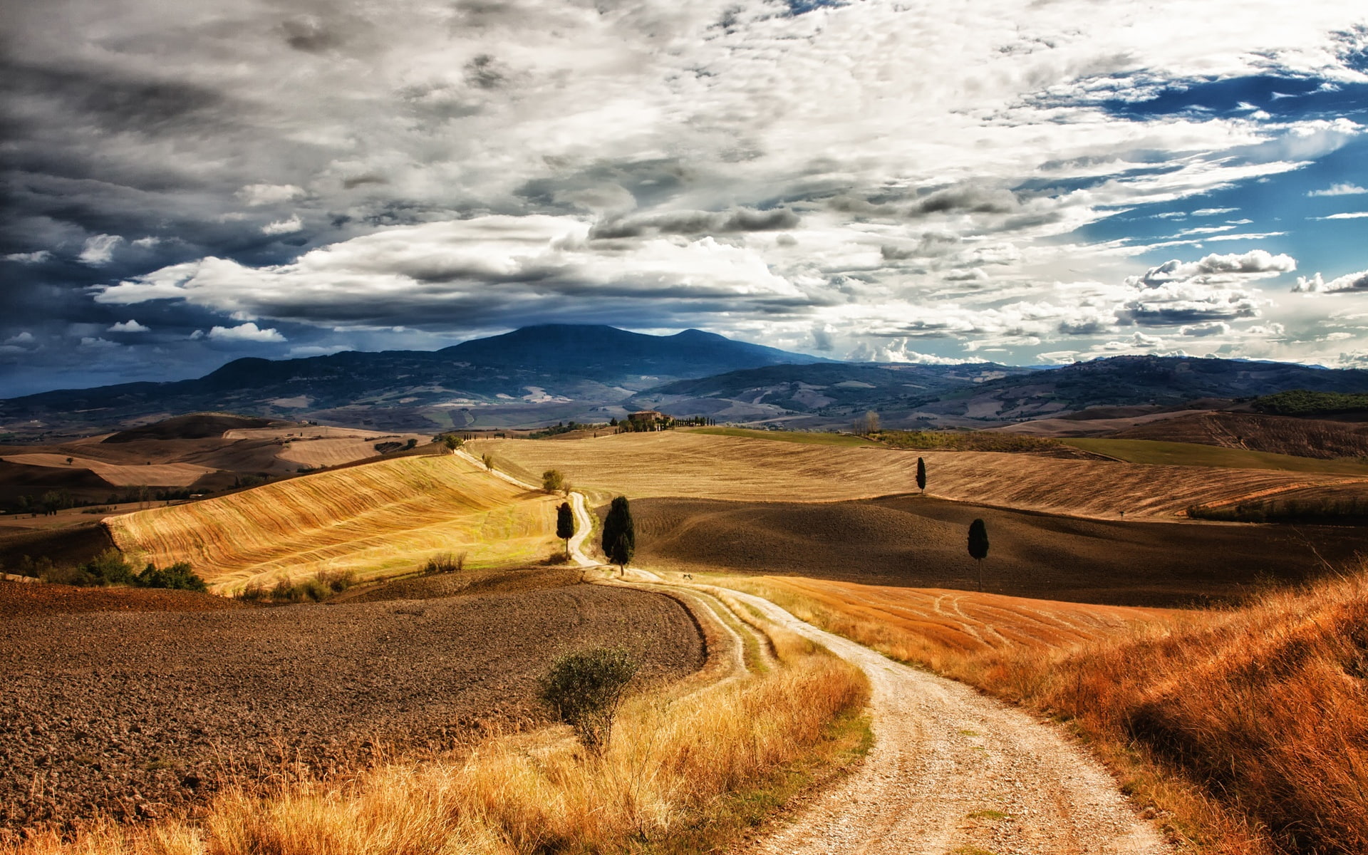 Hills, Sky, Trees, Clouds, Paths, Walking, Tuscany, Grass, Italy, 1080P, HD Wallpaper