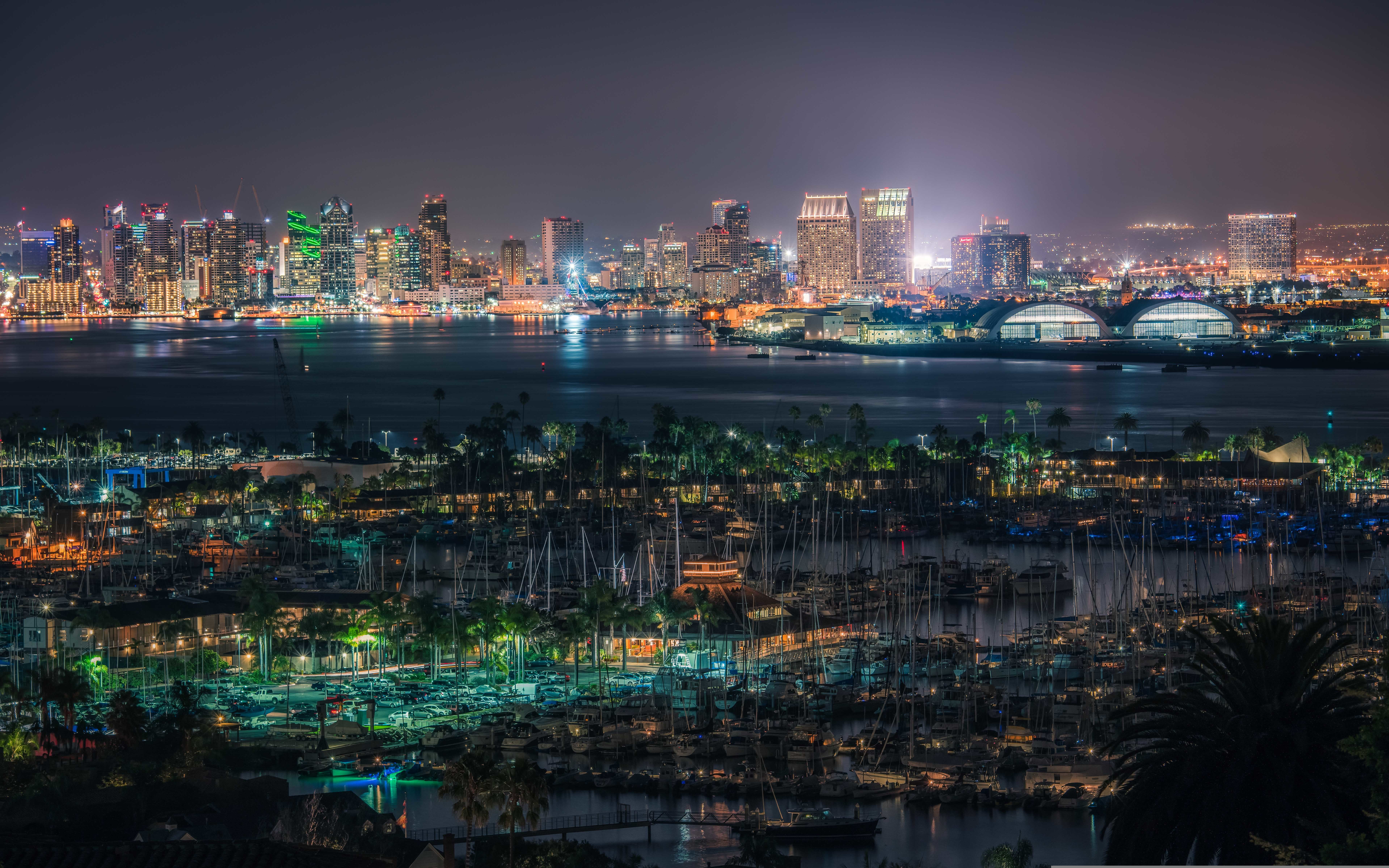 San Diego, 5K, urban skyline, outdoors, night, modern, architecture, nature, sky, building, city life, Bay, illuminated, United States, landscape, panorama, HD Wallpaper