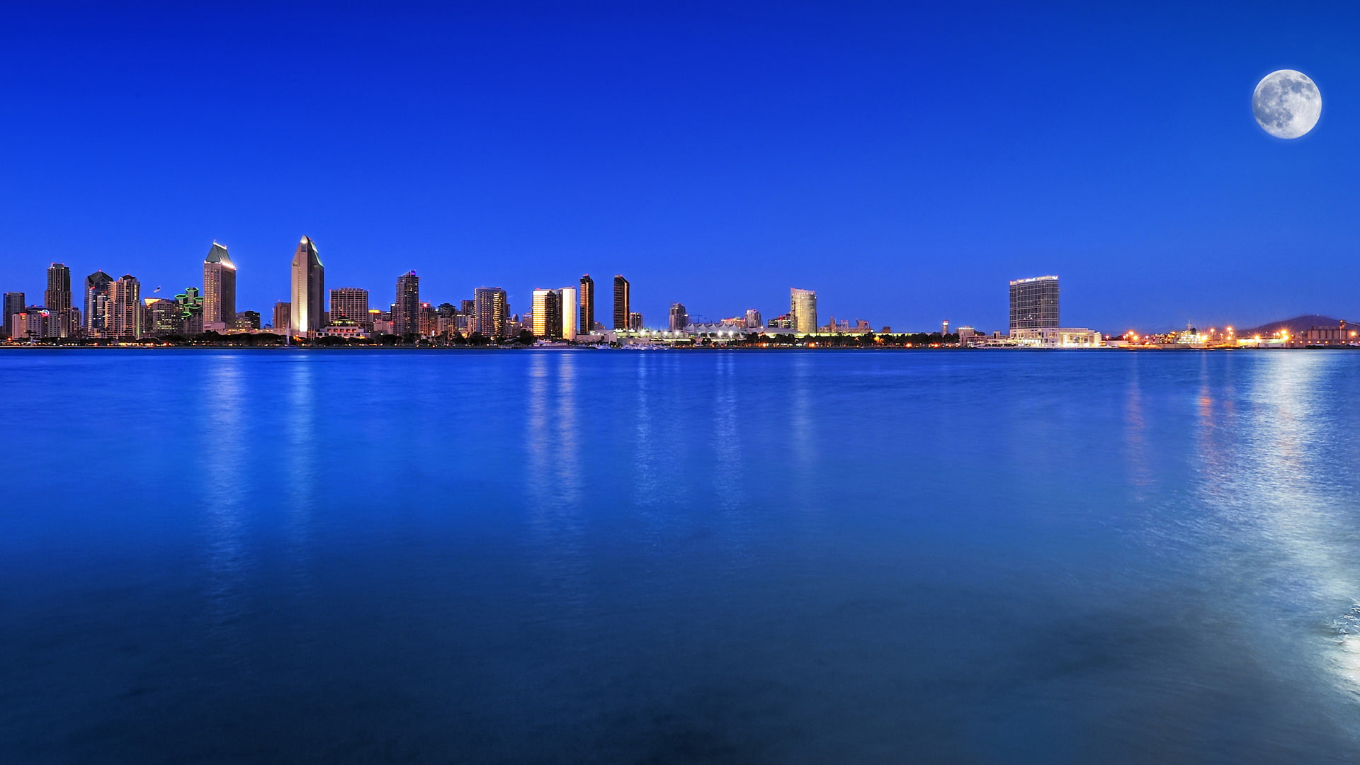 the city, the moon, 1080P, blue sky, night, landscape, Bay, san diego, usa, HD Wallpaper