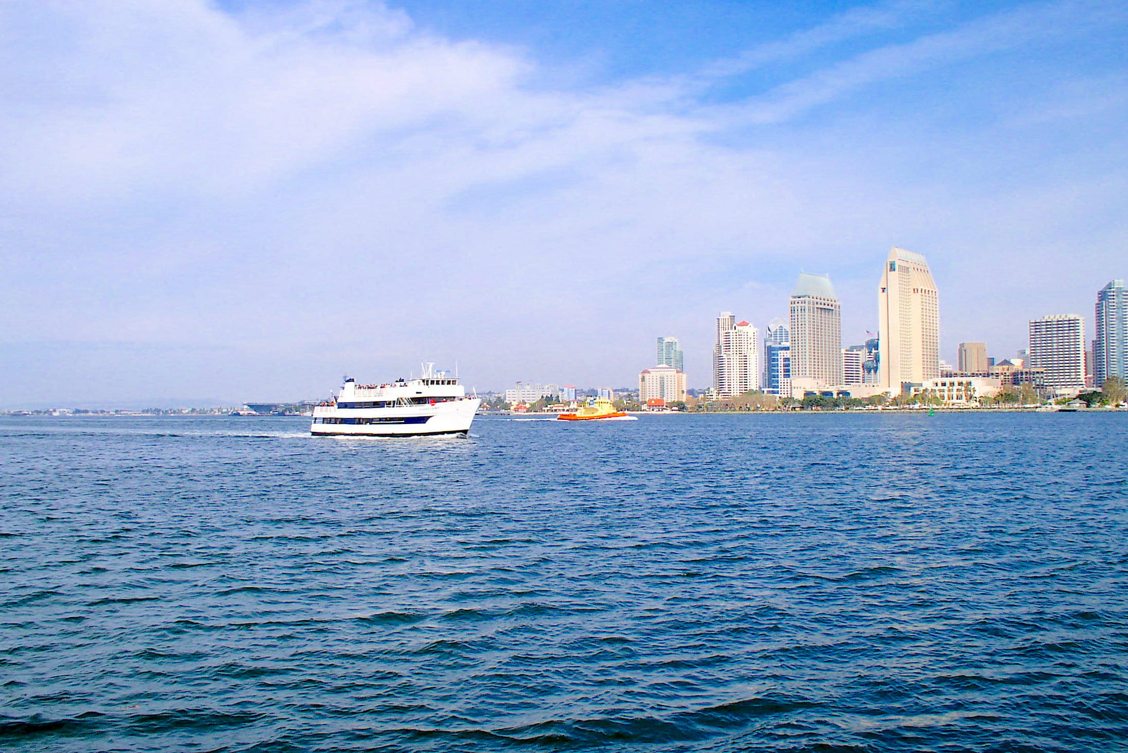 outdoors, office building exterior, transportation, modern, ship, nautical vessel, 1080P, skyline, architecture, sandiegobay, cloud - sky, sea, city, yacht, HD Wallpaper