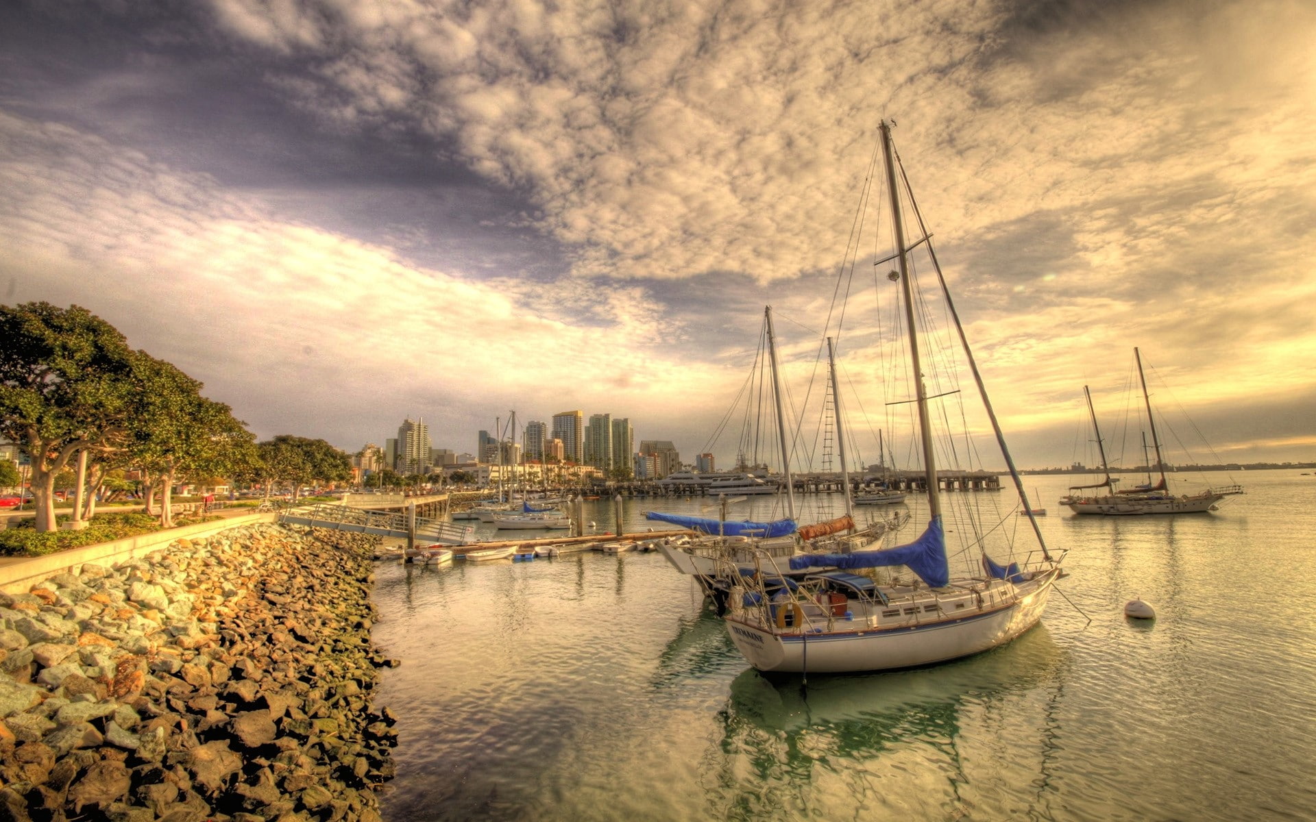 San diego, mode of transportation, reflection, cloud - sky, no people, harbor, sailboat, Boats, nautical vessel, marina, architecture, transportation, sea, HD Wallpaper