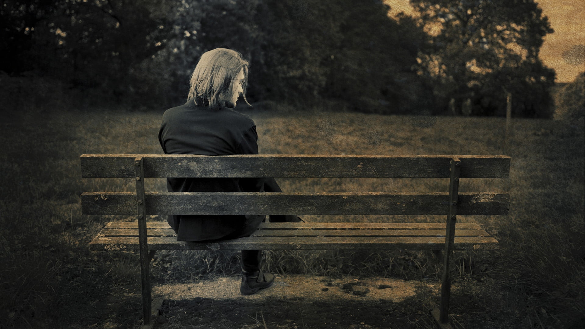hopelessness, day, wood - material, one Person, grass, bench, forest, tranquil Scene, lifestyles, blakc, blond Hair, resting, long Hair, beauty In Nature, HD Wallpaper