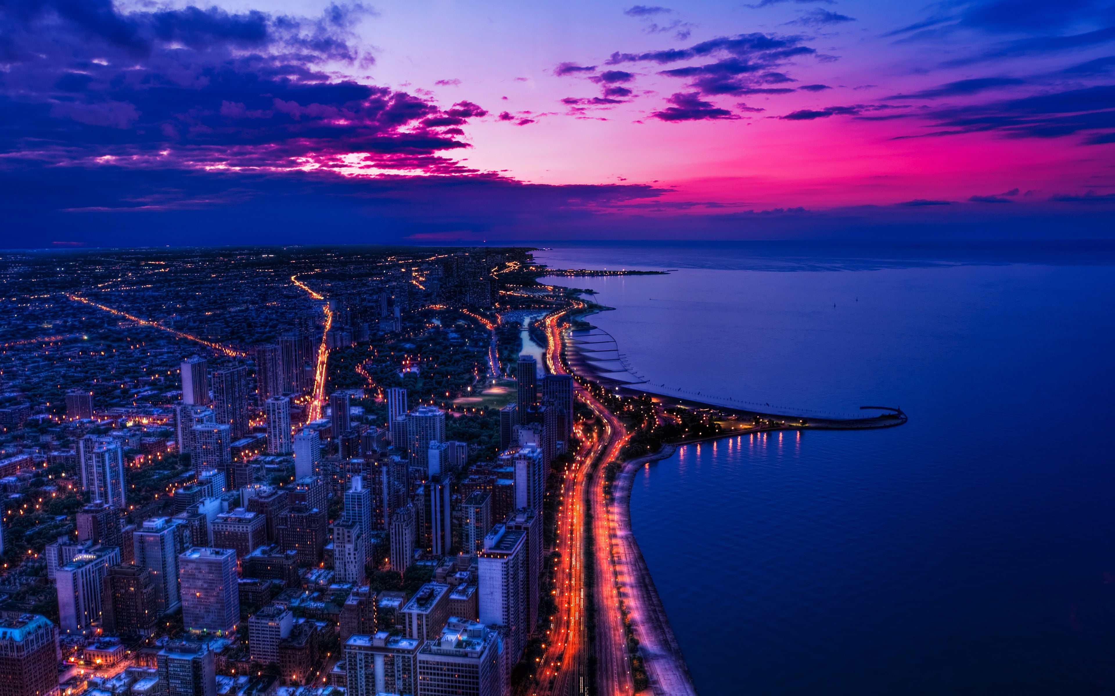 urban skyline, building, scape, cityscape, office building exterior, travel destinations, night, cloud - sky, illuminated, sky, purple, water, nature, built structure, HD Wallpaper