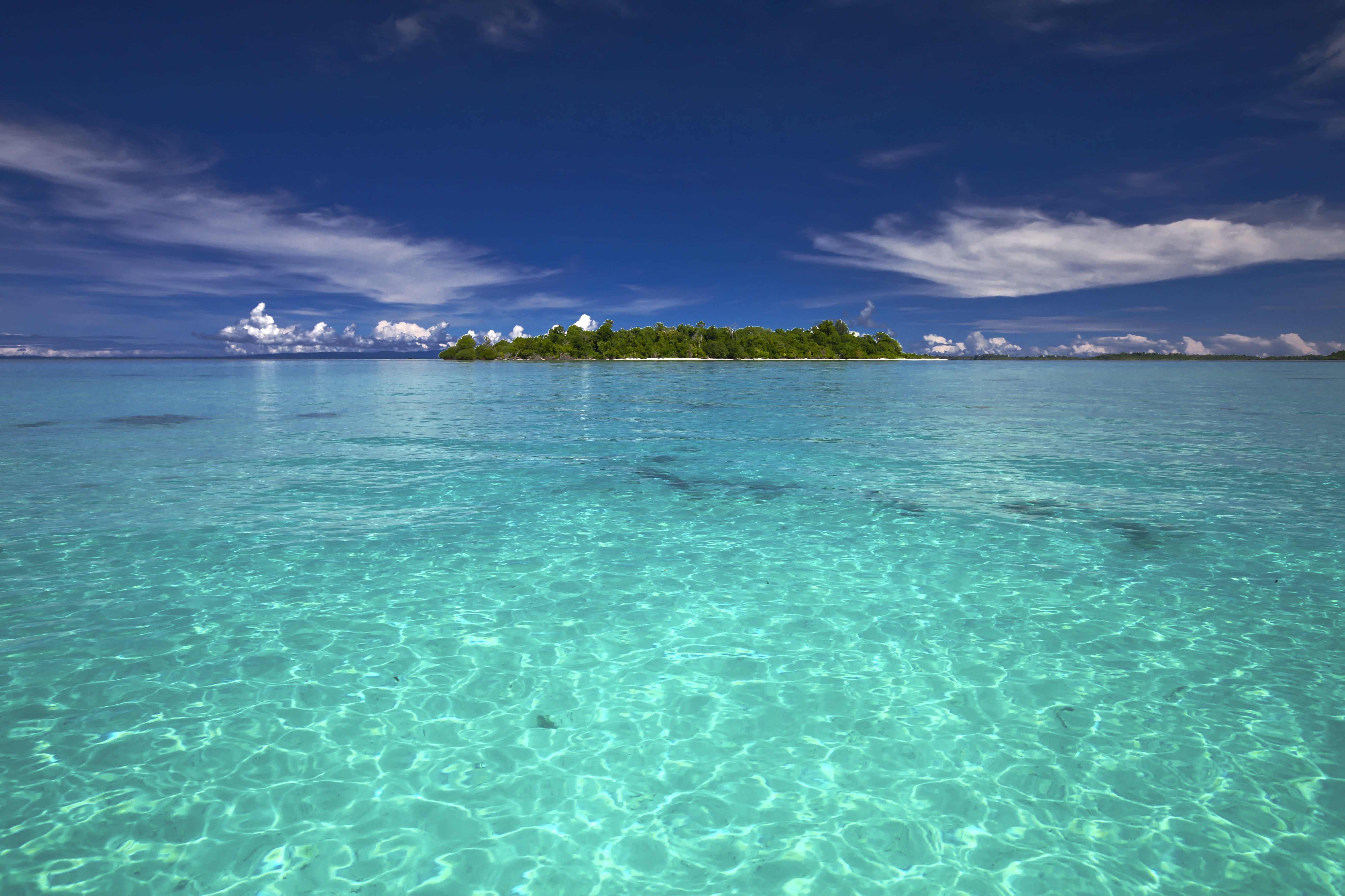 indonesia, turquoise colored, land, 5K, scenics, cobalt blue, horizon over water, tranquil scene, waterfront, forest, ocean, scenics - nature, water, travel destinations, HD Wallpaper