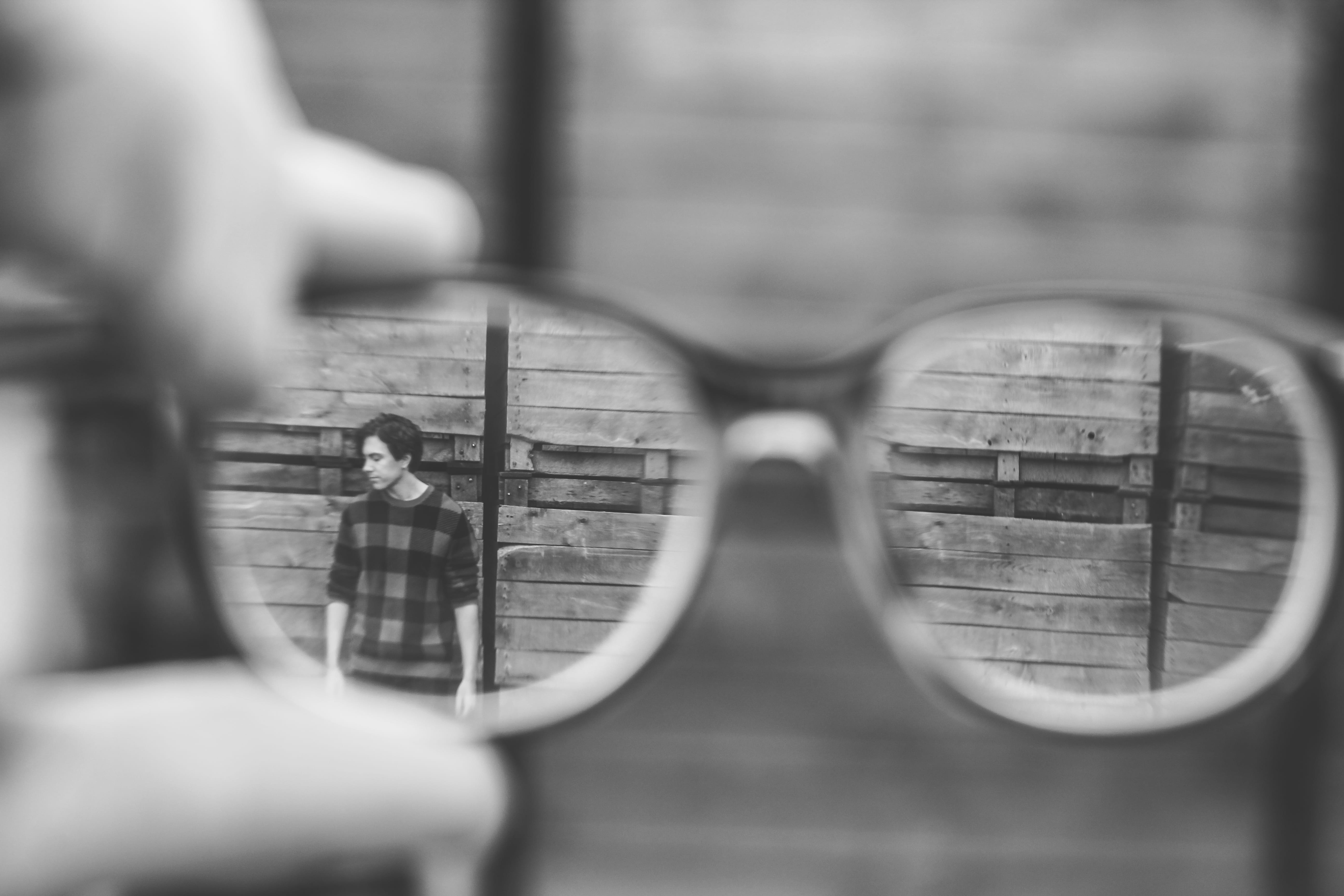 architecture, day, profile, reflection, glasses, grayscale, photography, body part, shallow, selective focus, transparent, adult, looking through an object, HD Wallpaper