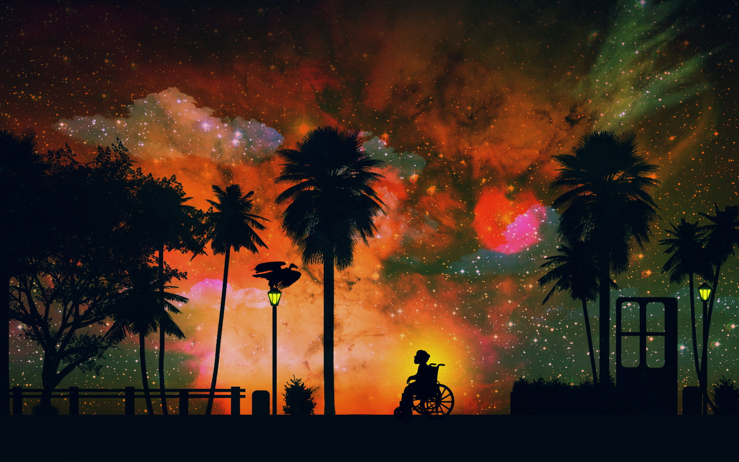palm tree, cloud - sky, orange color, wheelchair, street, real people, painting, scenics - nature, transportation, beauty in nature, sky, nature, man, people, HD Wallpaper
