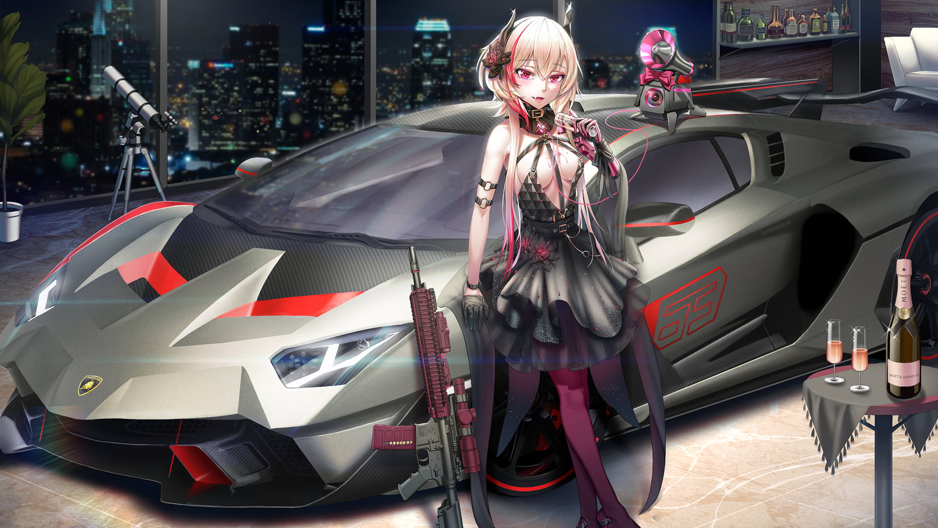 black dress, long hair, cleavage, assault rifle, car, pink stockings, pink eyes, 1080P, Lamborghini Aventador LP750-4 SV, HD Wallpaper