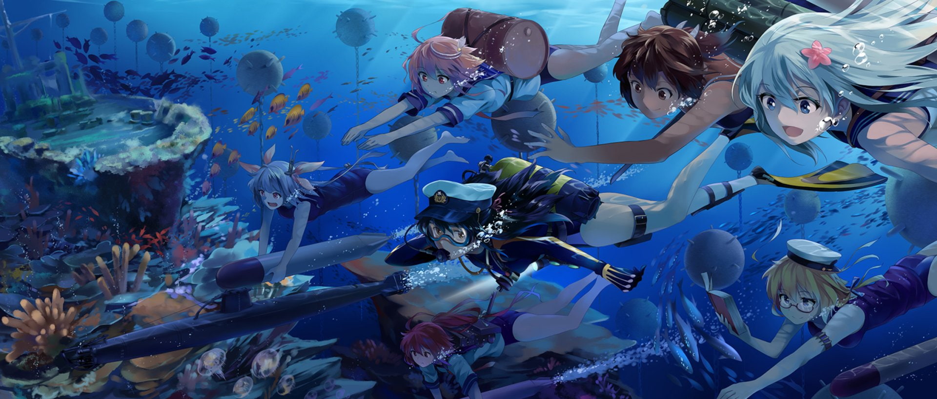 Anime, I-19 (Kancolle), Fish, Female Admiral (Kancolle), I-168 (Kancolle), I-58 (Kancolle), Water, Kantai Collection, I-401 (Kancolle), I-8 (Kancolle), HD Wallpaper