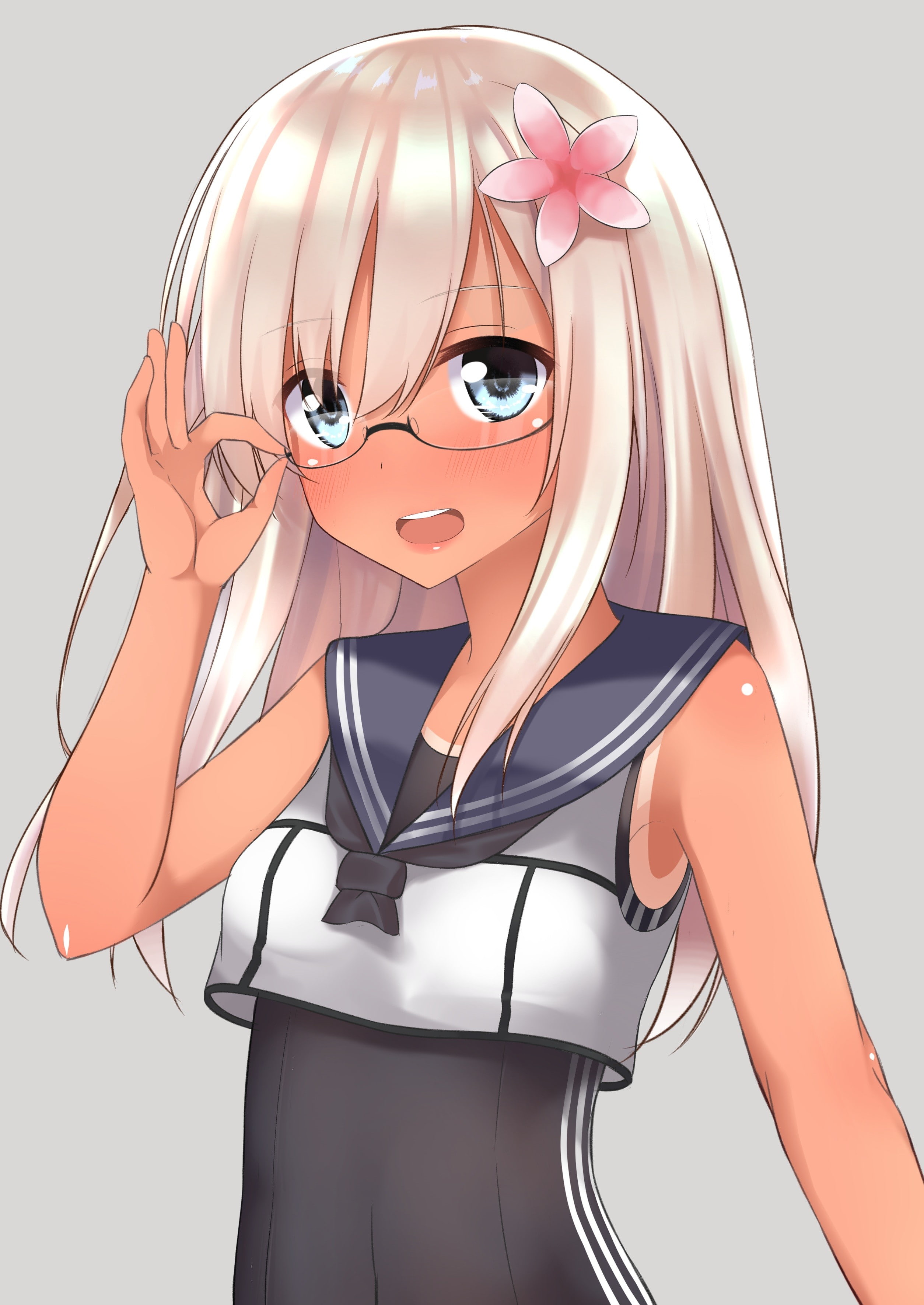 Kantai Collection, tan lines, Ro-500 (KanColle), anime girls, white hair, glasses, anime, 2K, long hair, Phone HD Wallpaper