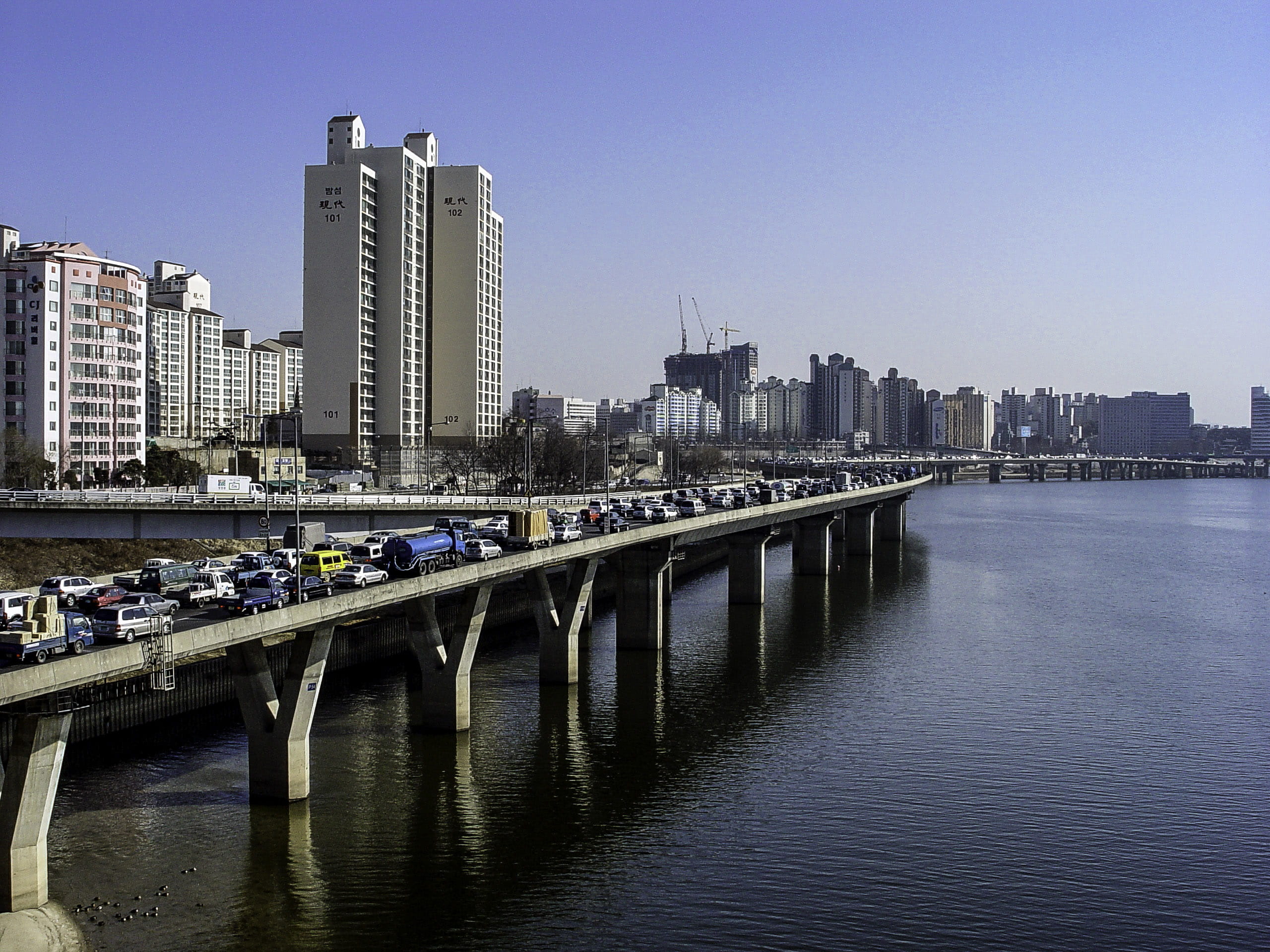 expressway, ro, cityscape, 2K, no people, tall - high, famous Place, riverside expressway, uSA, architecture, outdoors, river, transportation, Gangbyeonbuk-ro, HD Wallpaper