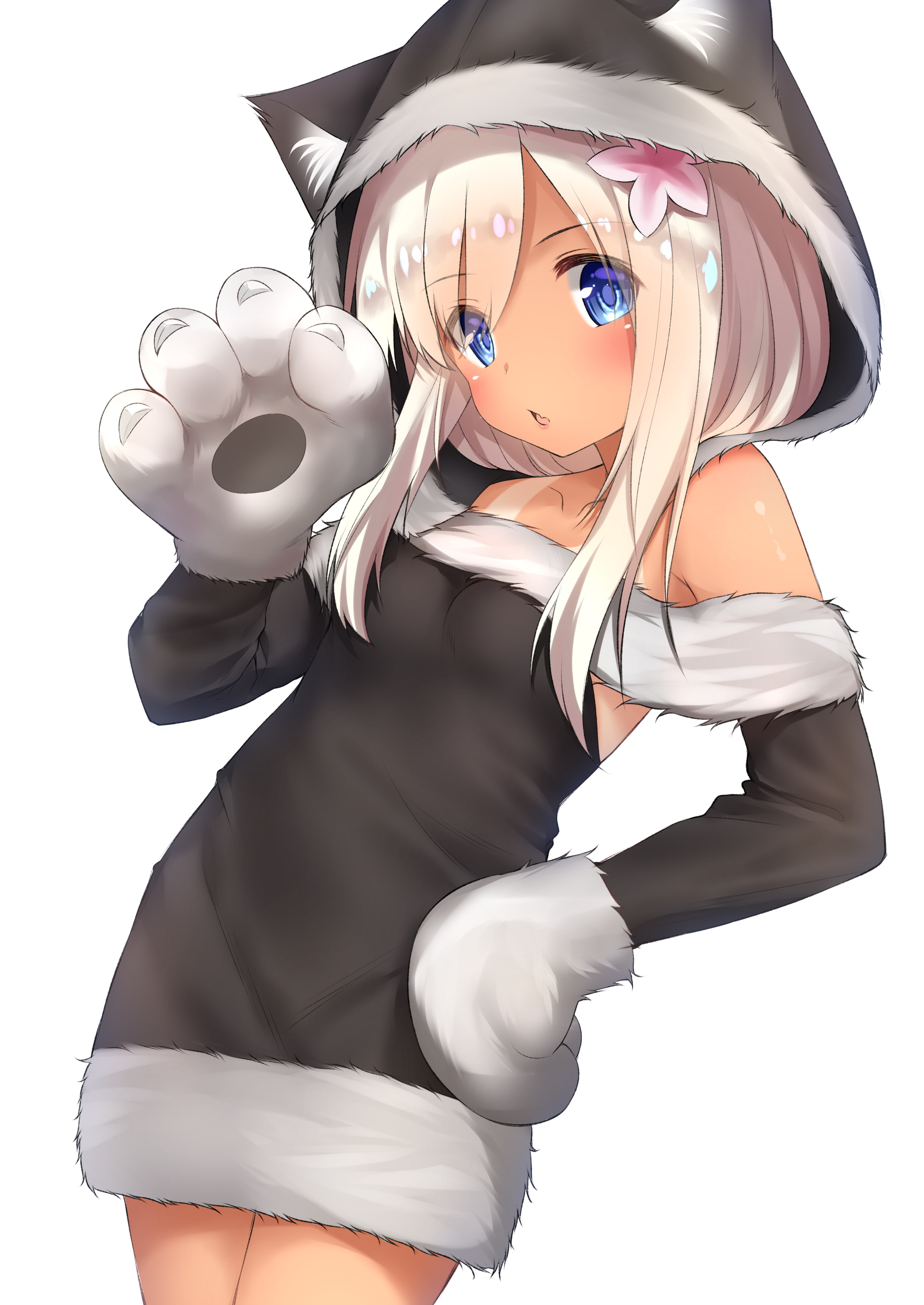 dress, tan lines, white  background, white hair, aqua eyes, 2K, Ro-500 (KanColle), blonde, animal ears, Kantai Collection, go-1, nekomimi, Phone HD Wallpaper