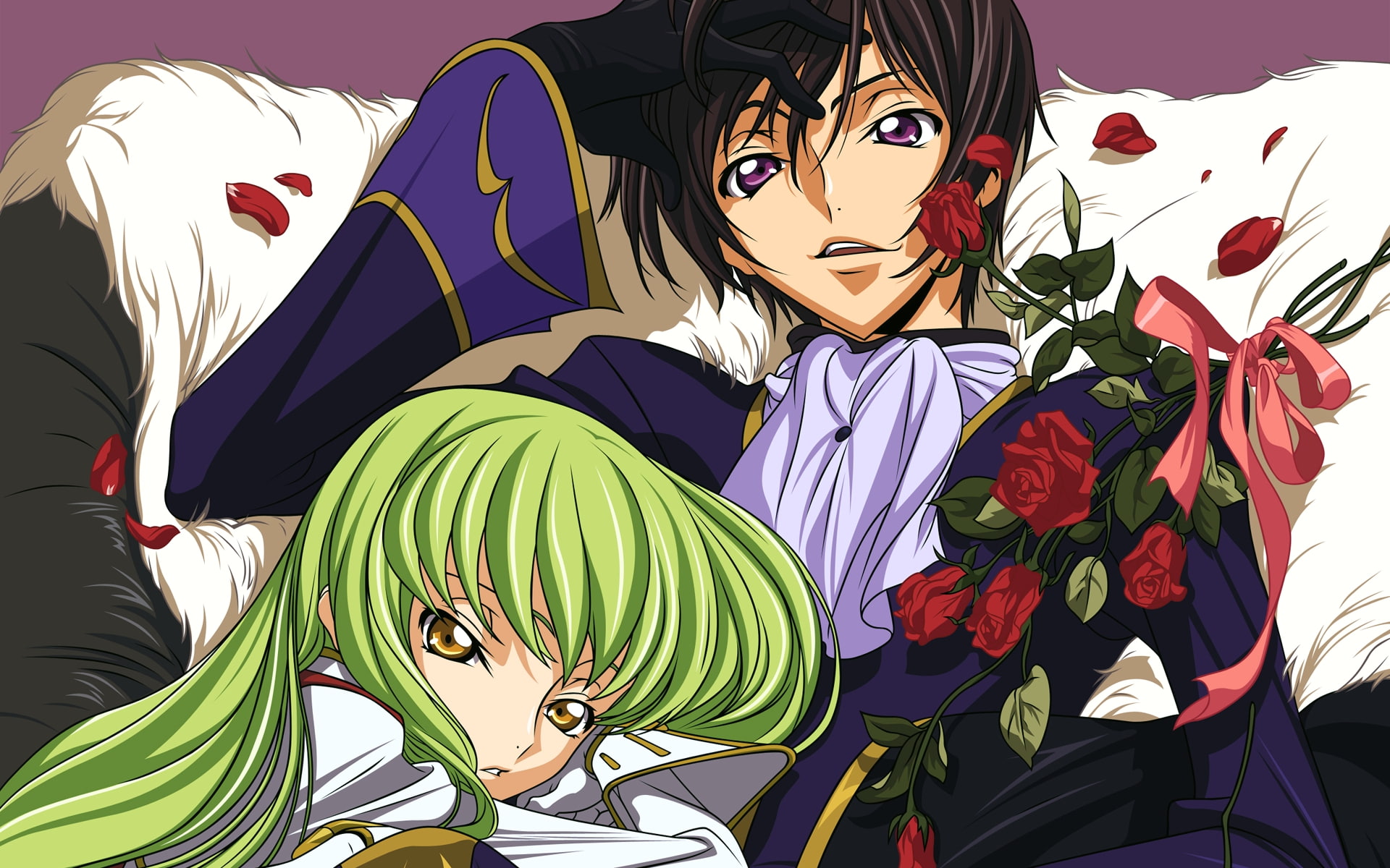 anime, geass, hd, boys, flower, petals, Flowers, cc, green, couple, hair, beds, Code Geass, ros, lamperouge, 1080P, art, lelouch, code, HD Wallpaper