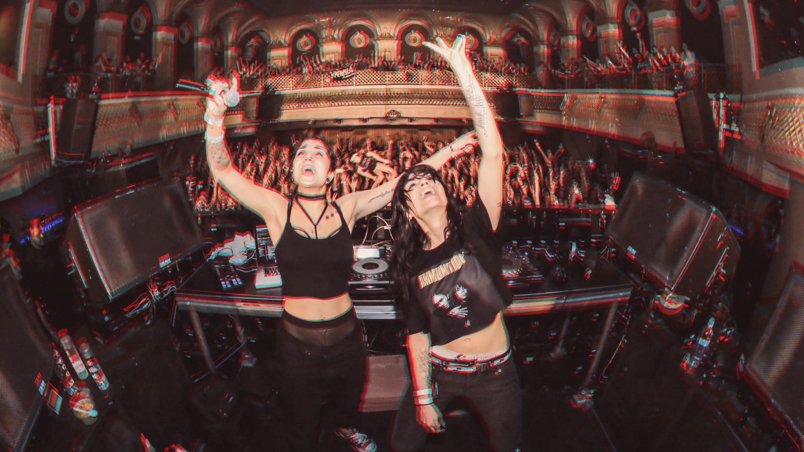 women, Krewella, young adult, arts culture and entertainment, gesturing, glitch art, The Glitch Mob, casual clothing, enjoyment, 2K, standing, leisure activity, HD Wallpaper