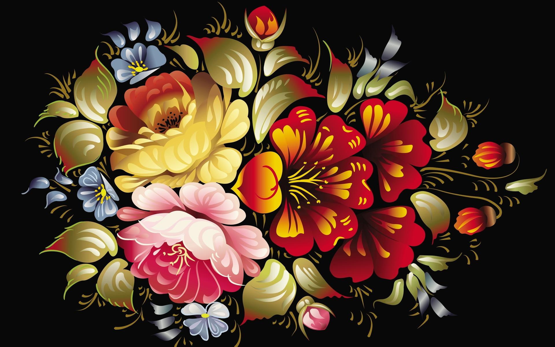 1080P, floral, colourful, flowers, illustration, black, green, red, yellow, beige, asian, abstract, prett, pink, graphic design, HD Wallpaper