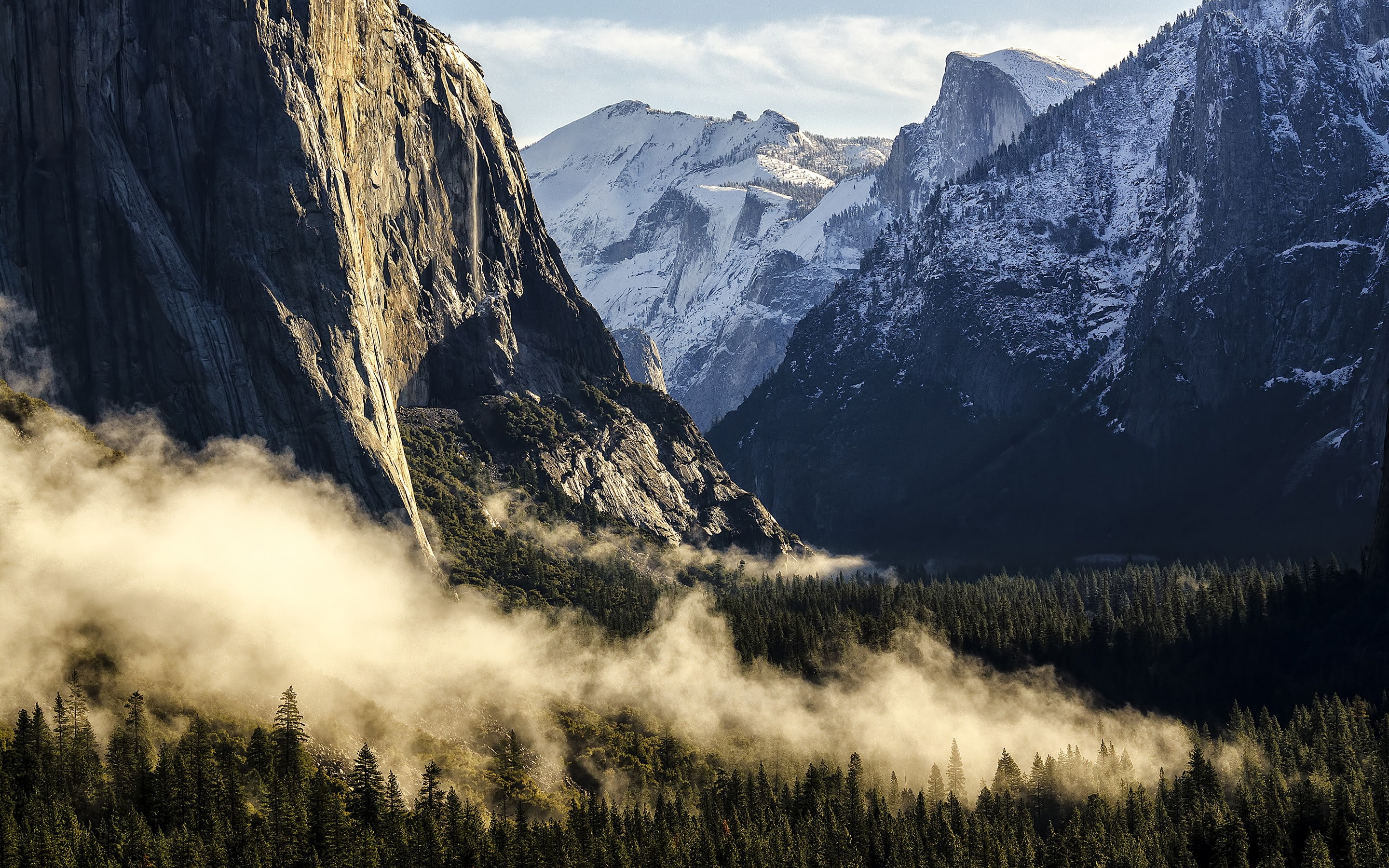 Yosemite National Park, forest, nature, Apple Inc., 2K, landscape, mountains, morning, mist, HD Wallpaper