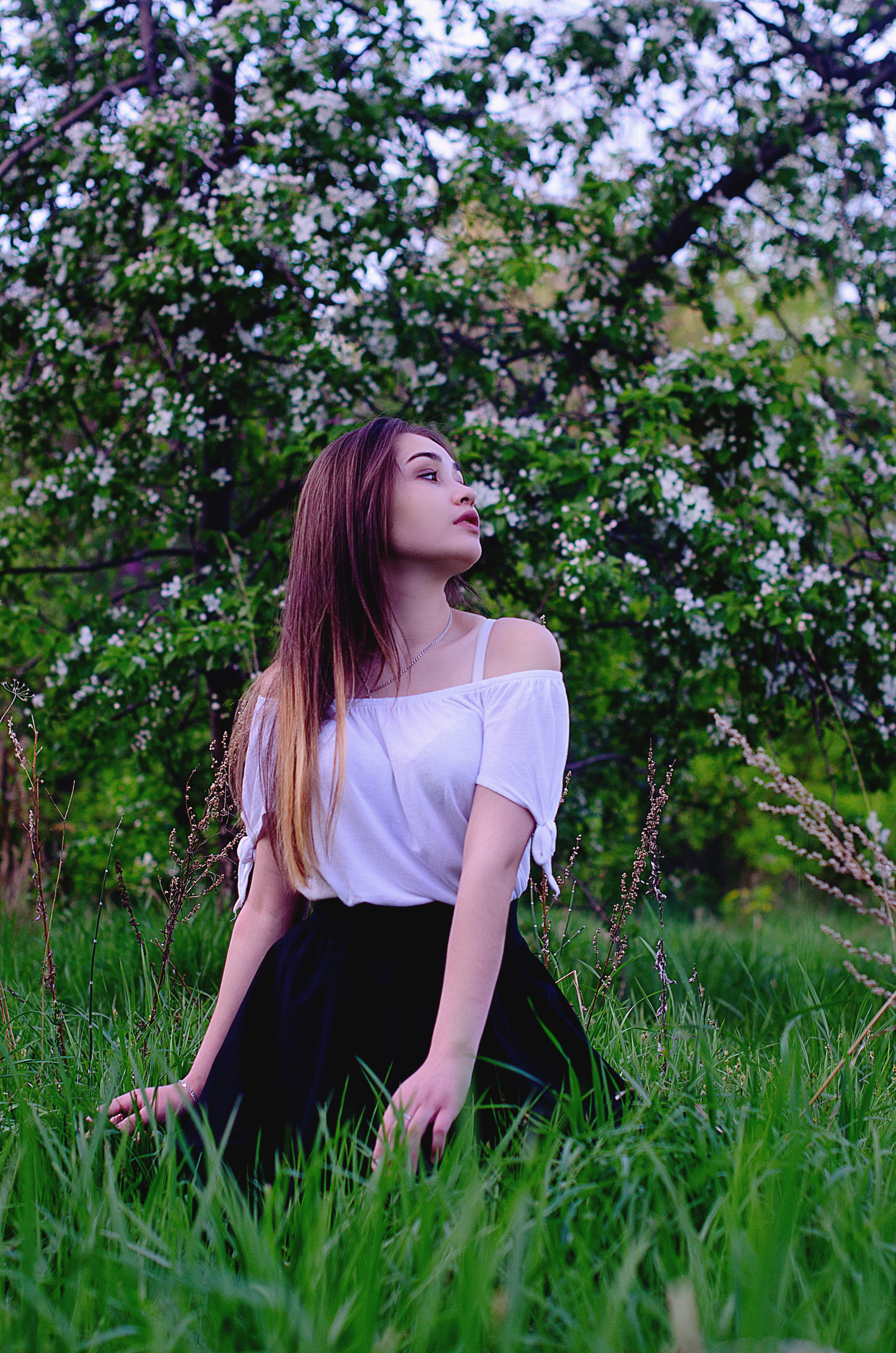 model, real people, portrait of a girl, day, blouse, beautiful woman, beauty, plant, looking, apple tree, hair, nature, casual clothing, posture, portrait, Phone HD Wallpaper