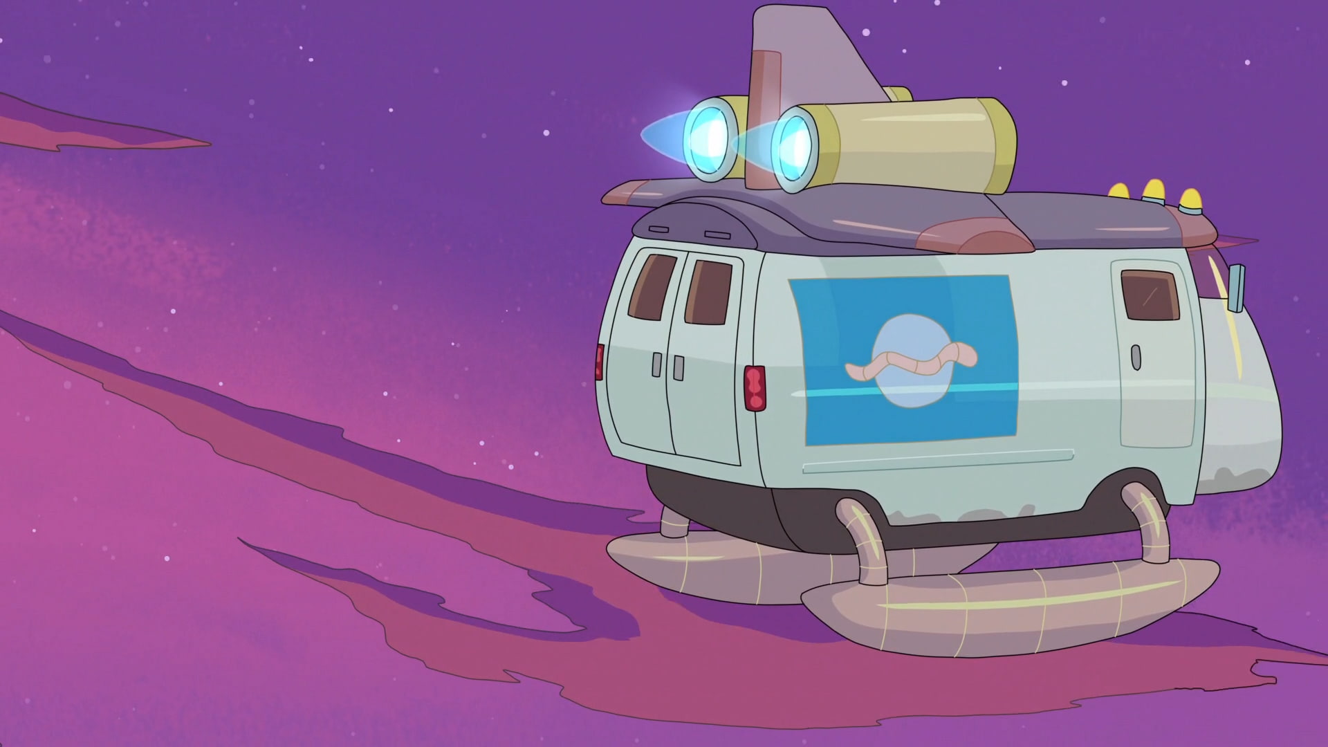 land vehicle, purple, sky, Adult Swim, mode of transportation, travel, air vehicle, motor vehicle, nature, Rick and Morty, transportation, journey, pink color, HD Wallpaper