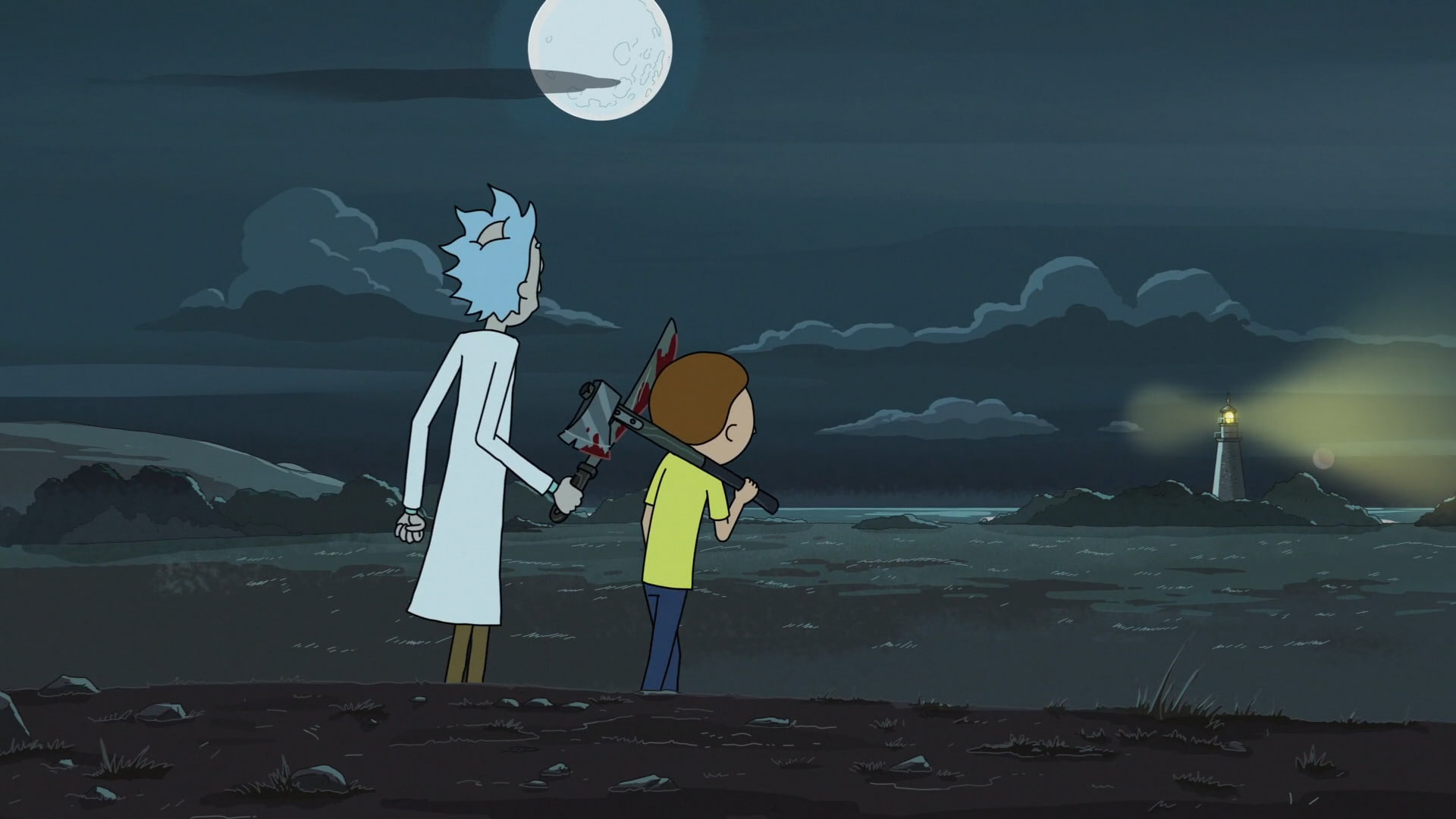rick and morty adult swim cartoon, adult, scenics - nature, moon, water, nature, sky, land, beauty in nature, people, beach, night, cloud - sky, astronomy, HD Wallpaper