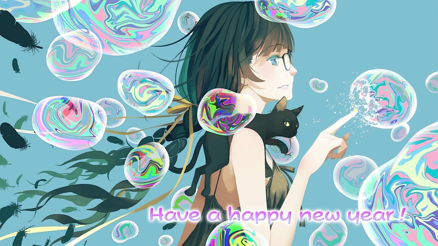 blue, anime, black cats, white skin, 720P, Hanekawa Tsubasa, bubble, Monogatari Series, dark hair, artwork, anime girls, HD Wallpaper