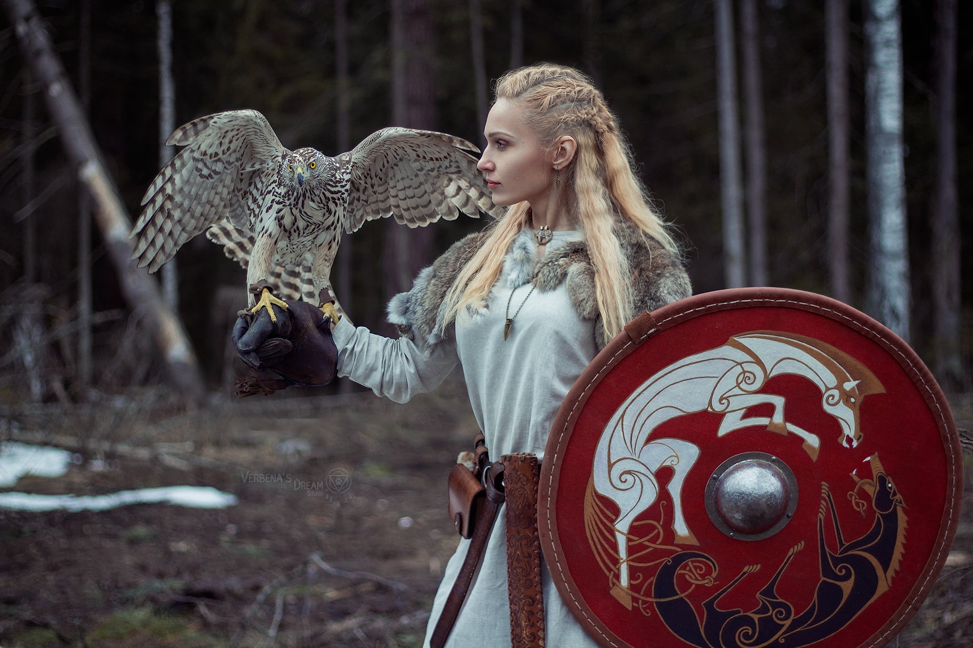 adult, Darya Lefler, model, portrait, animals, land, shield, mammal, hairstyle, birds, 1080P, fantasy girl, forest, eagle, cosplay, depth of field, blond hair, HD Wallpaper