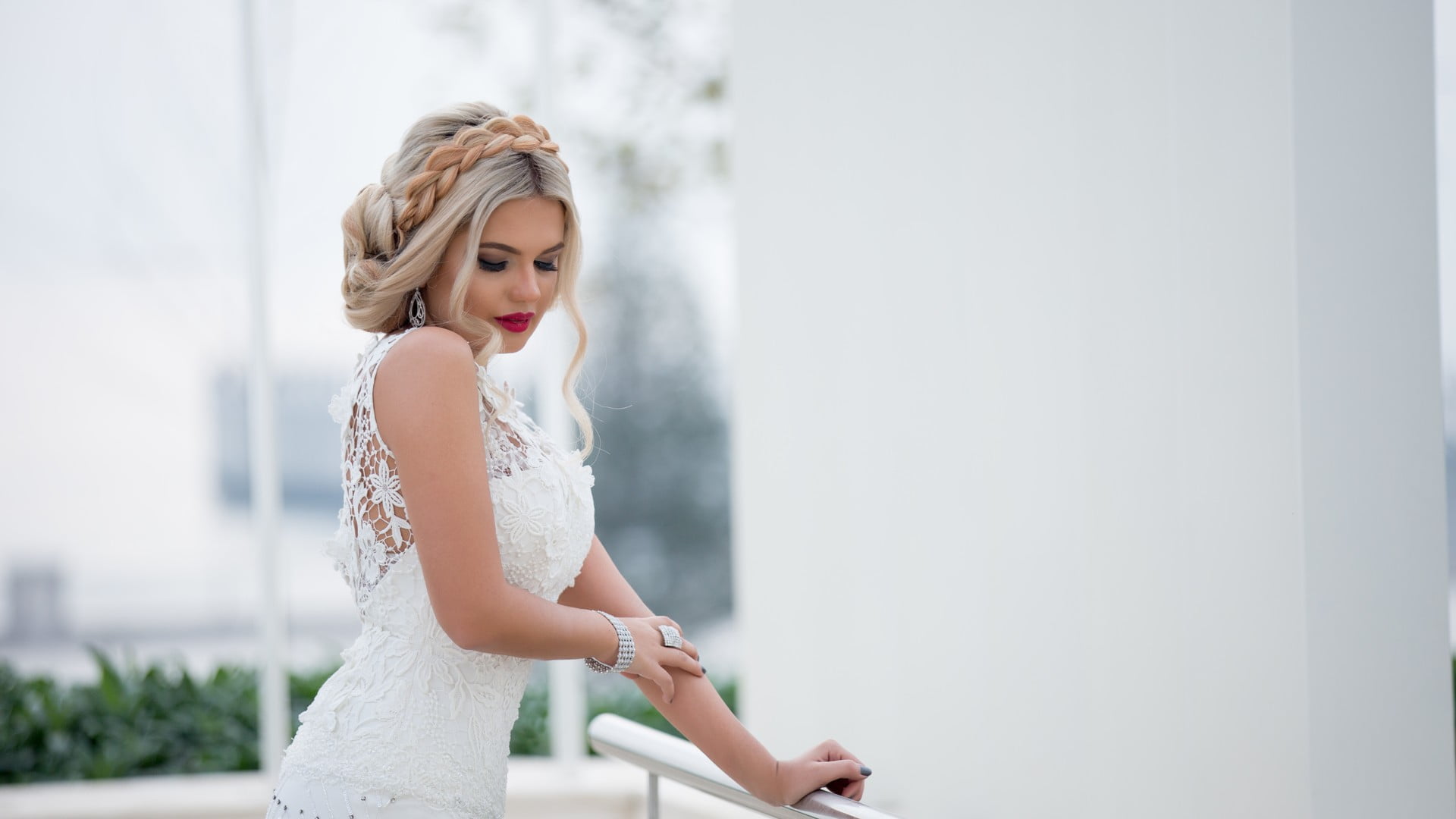 fashion, young adult, wedding, depth of field, women outdoors, wall, newlywed, celebration, red lipstick, women, blonde, white dress, long hair, beauty, HD Wallpaper