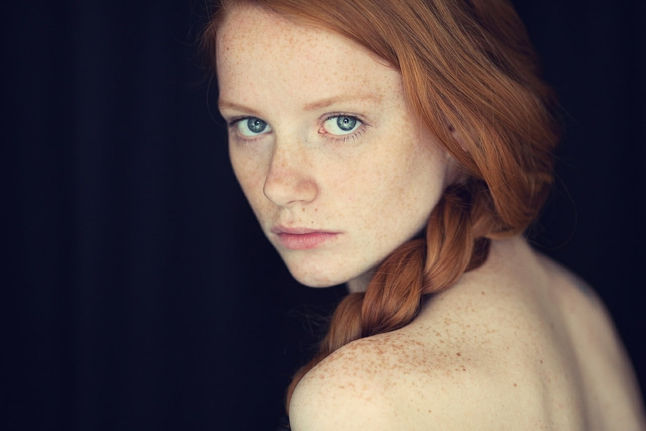 blue eyes, face, freckles, 720P, women, redhead, braids, simple background, long hair, portrait, bare shoulders, looking at viewer, model, HD Wallpaper