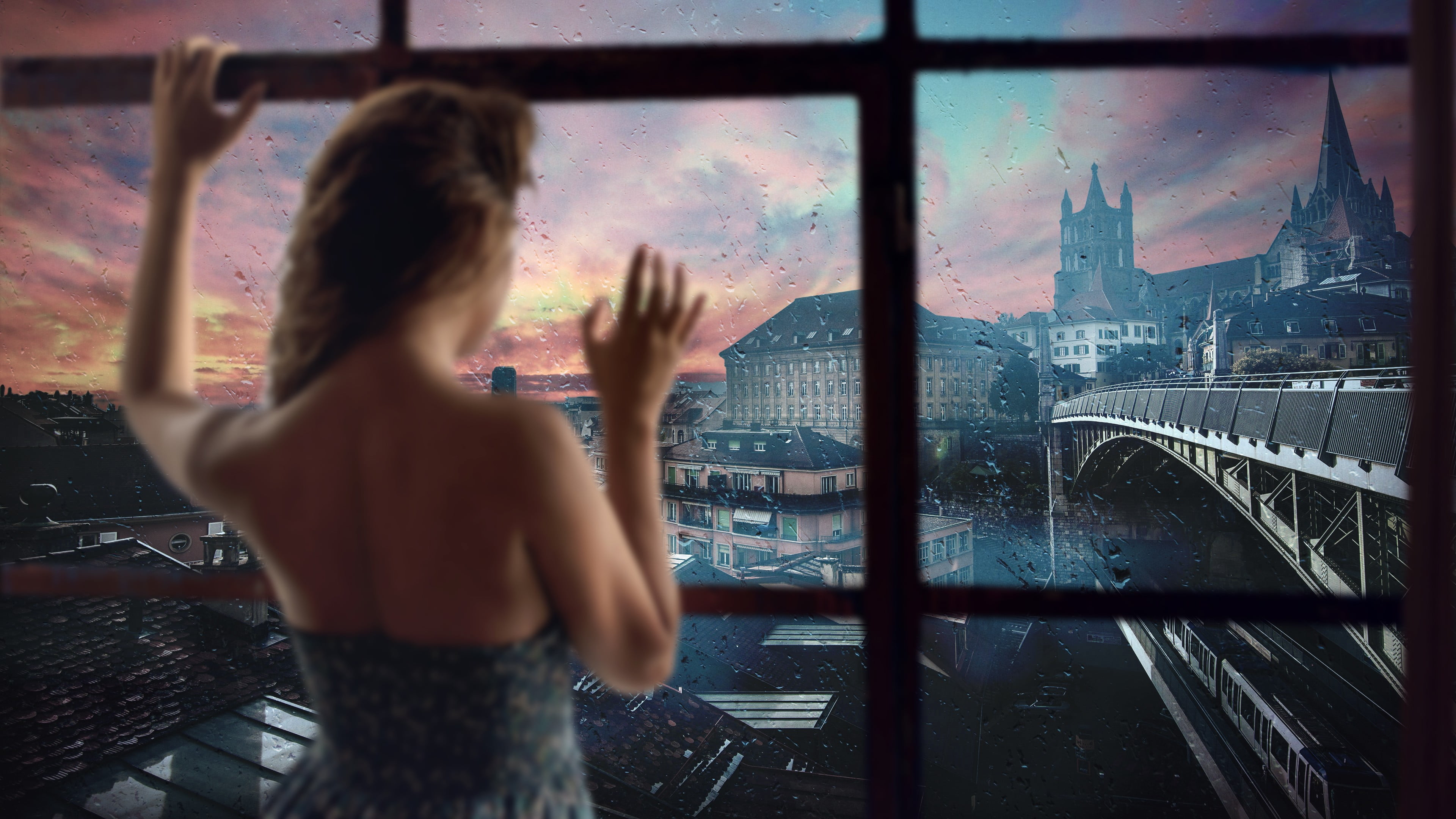 rain, sunset, focus on background, transparent, city, child, leisure activity, childhood, window, men, women, one person, skyline, real people, cityscape, HD Wallpaper