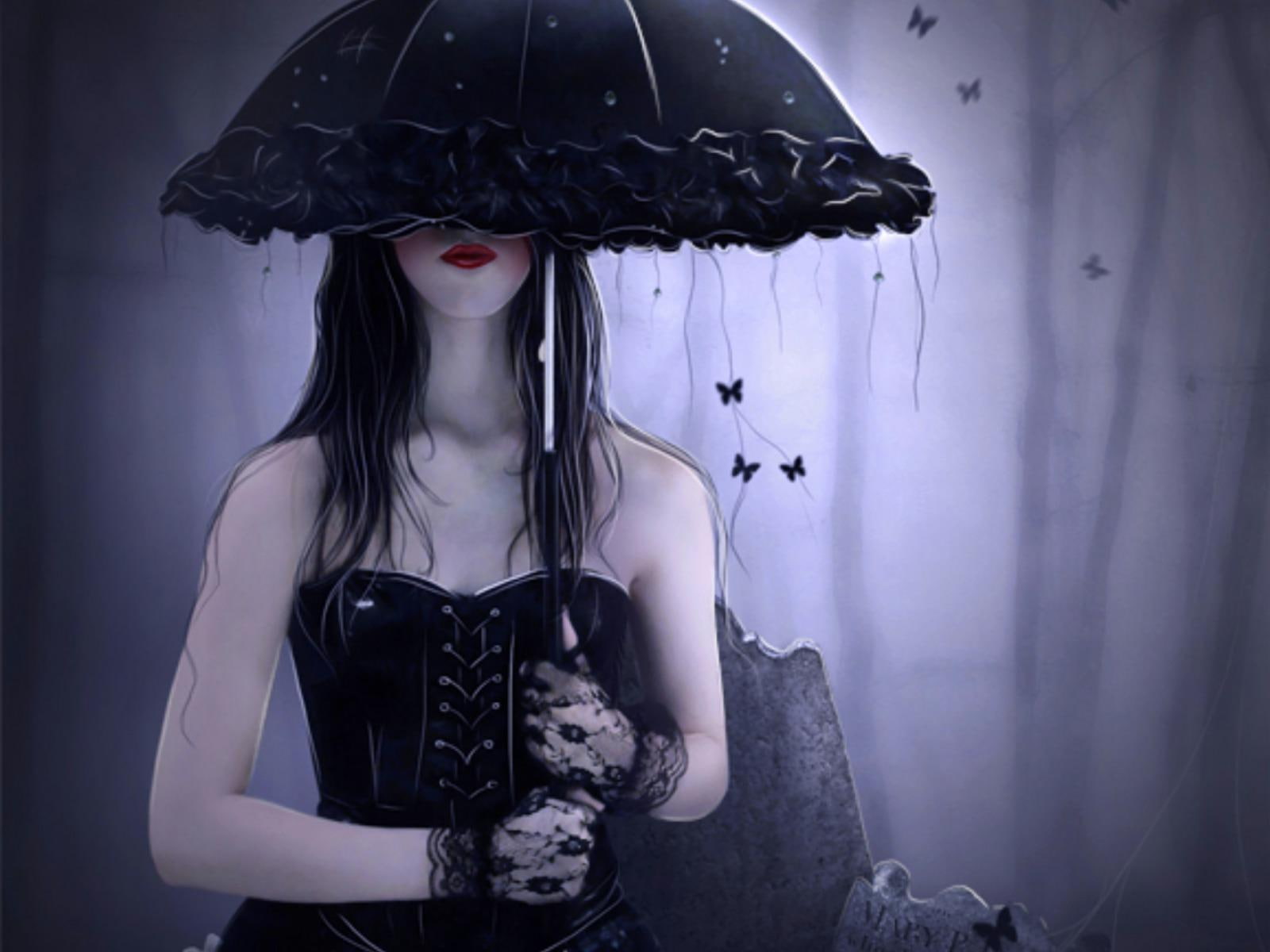 women, digital-art, gothic, top, dark, people, girls, mystery, black, beautiful, s, photomanipulat, 720P, dress, model-female, butterflies, tube, umbrella, HD Wallpaper