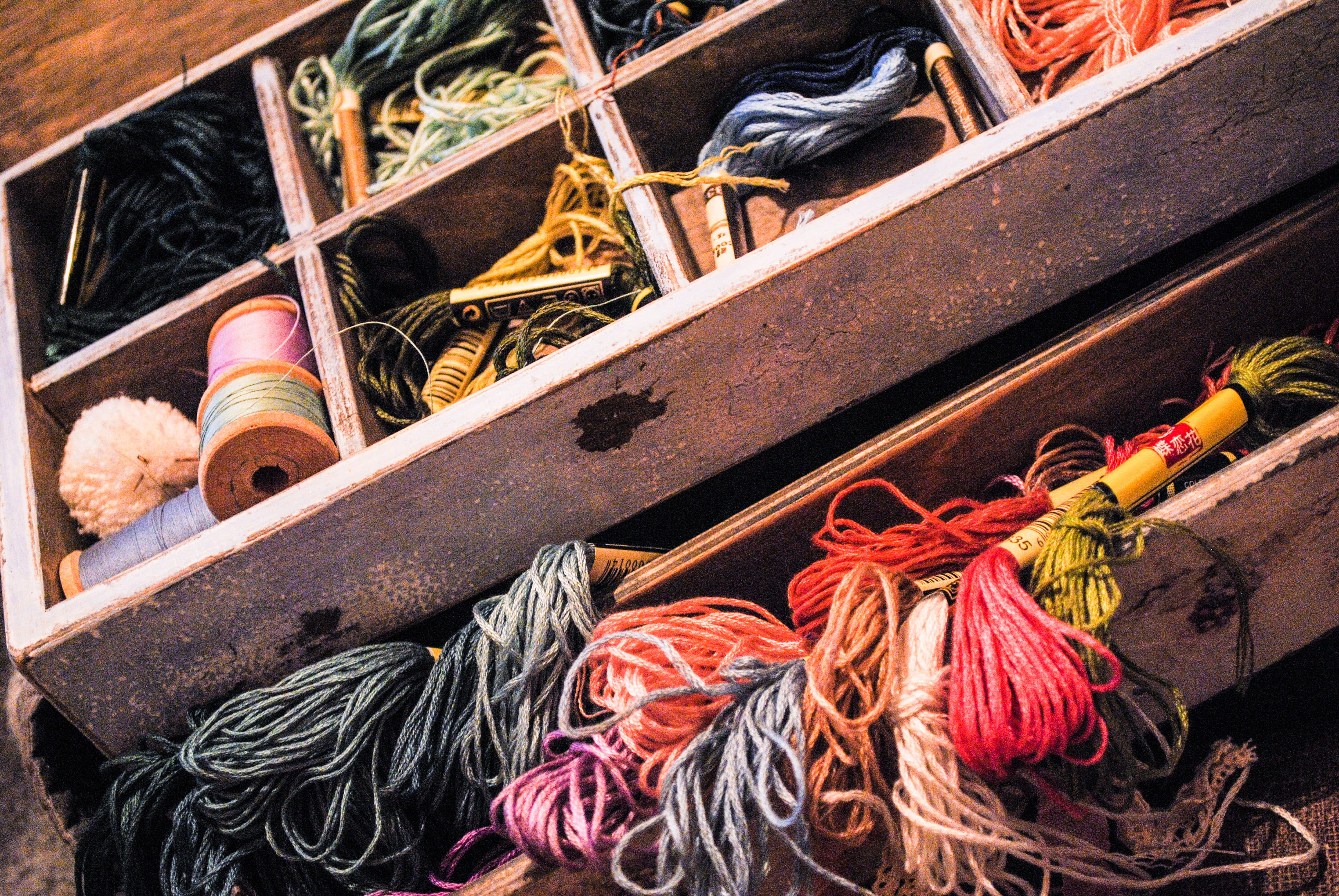 choice, leisure, equipment, chest, assorted, wooden, lot, large group of objects, rod, floss, multi colored, day, creativity, embroidery, outdoors, thread, HD Wallpaper
