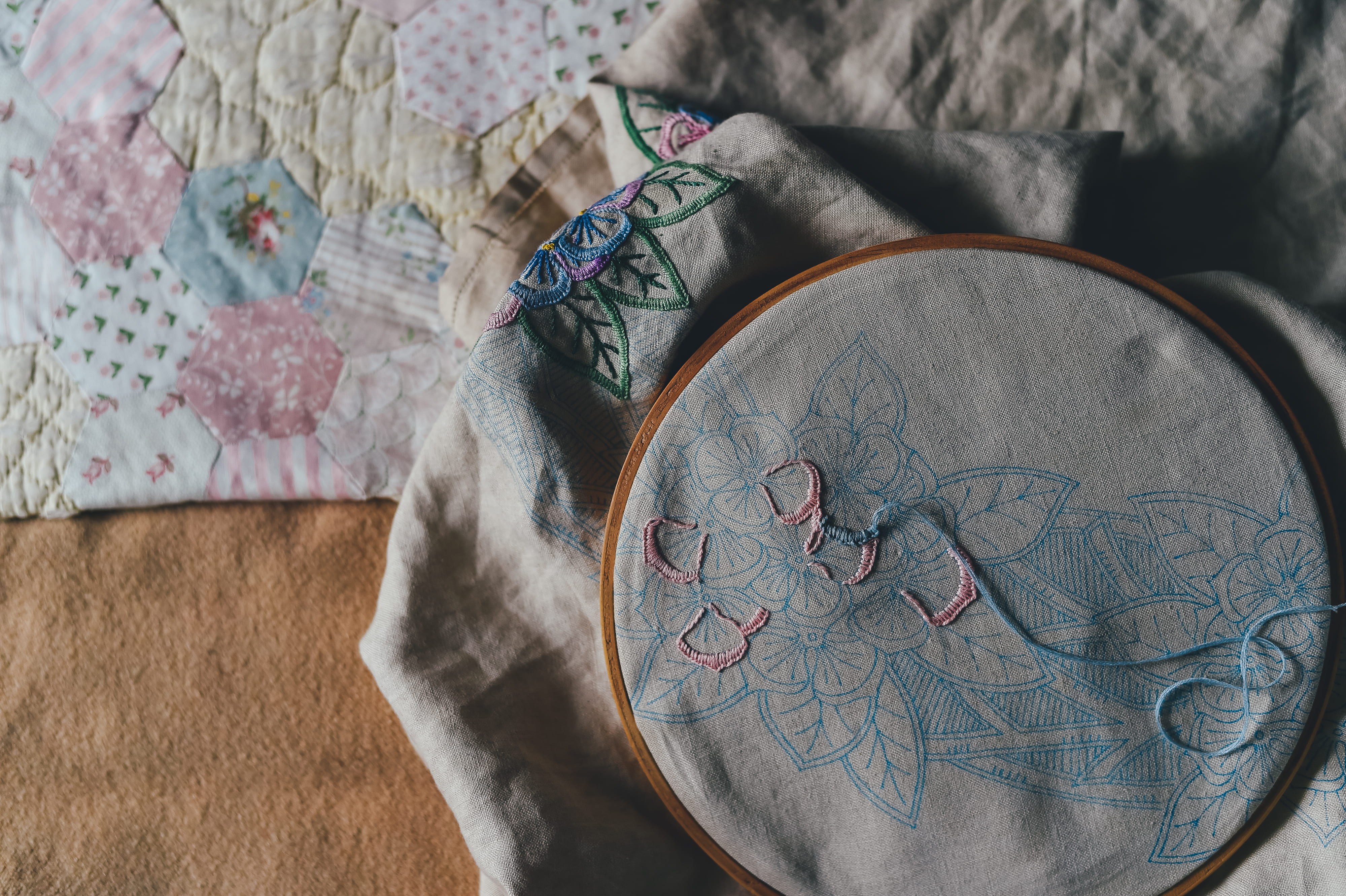 sewing, floral pattern, high angle view, focus on foreground, hoop, cross, home interior, text, cloth, needle, finance, thread, cross-stitch, craft, art and craft, HD Wallpaper