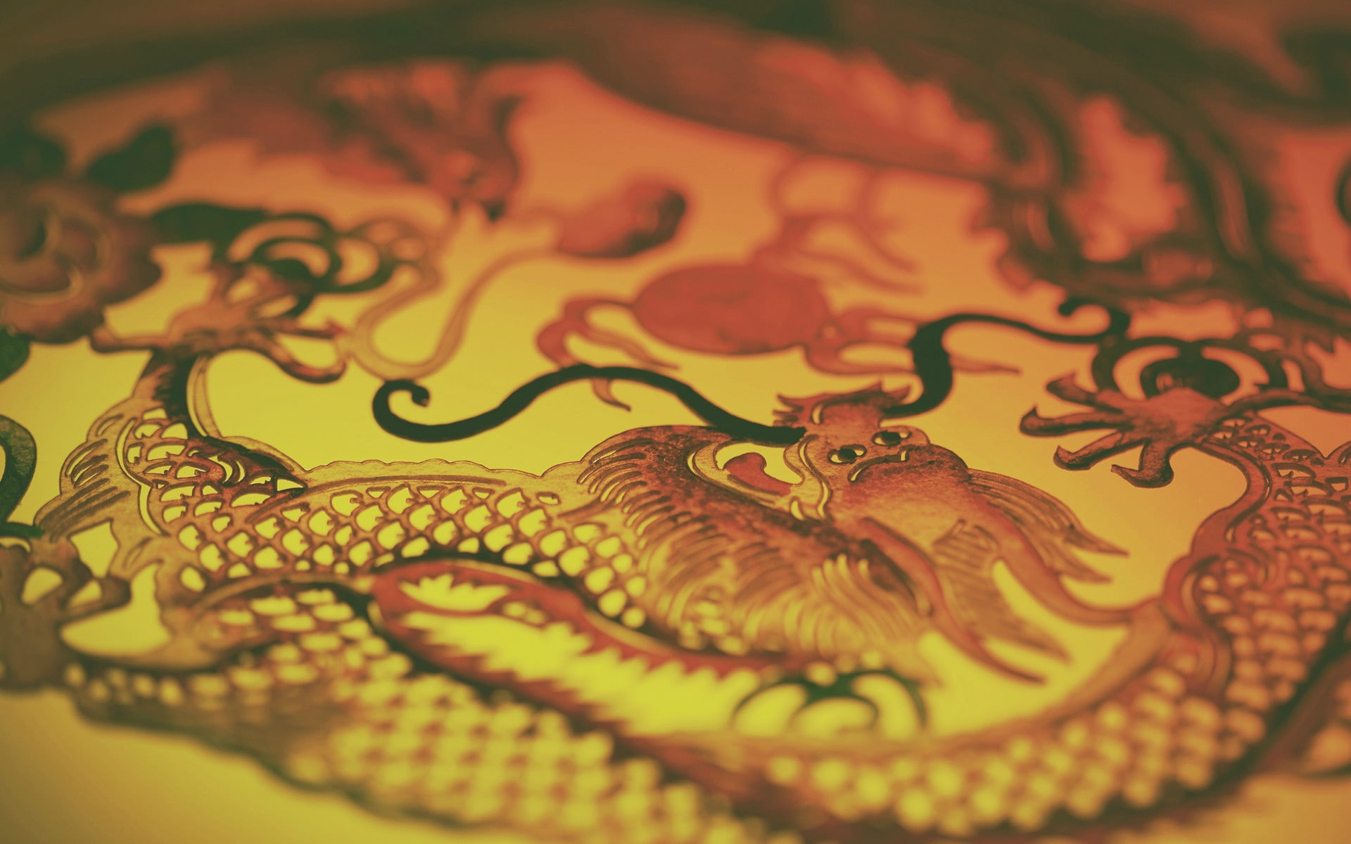 animal themes, representation, textile, dragon, China, table, pattern, still life, ornate, selective focus, 1080P, indoors, paper, backgrounds, full frame, HD Wallpaper