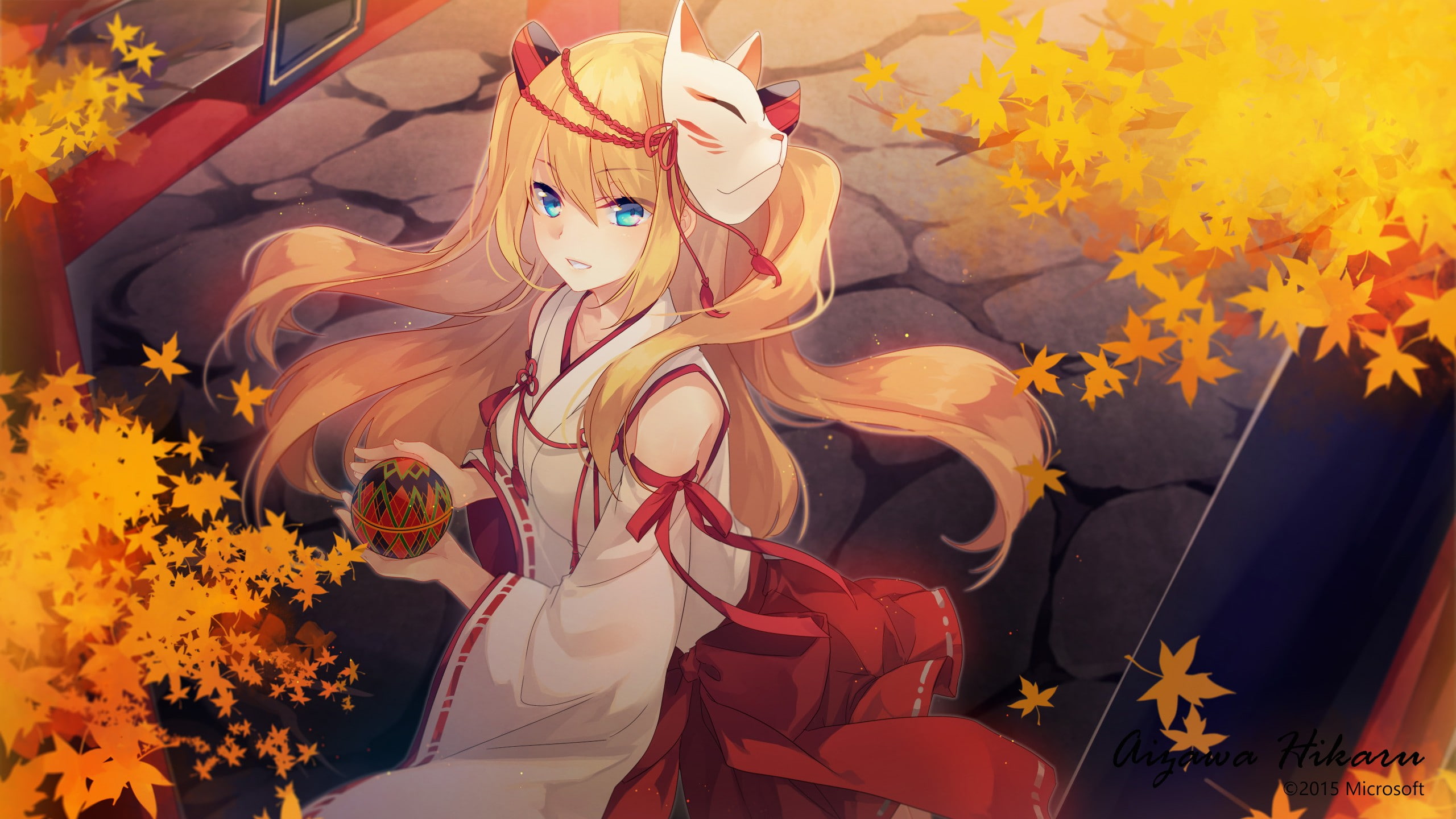 2K, os-tan, anime girls, traditional clothing, miko, Aizawa Hikaru, mask, HD Wallpaper