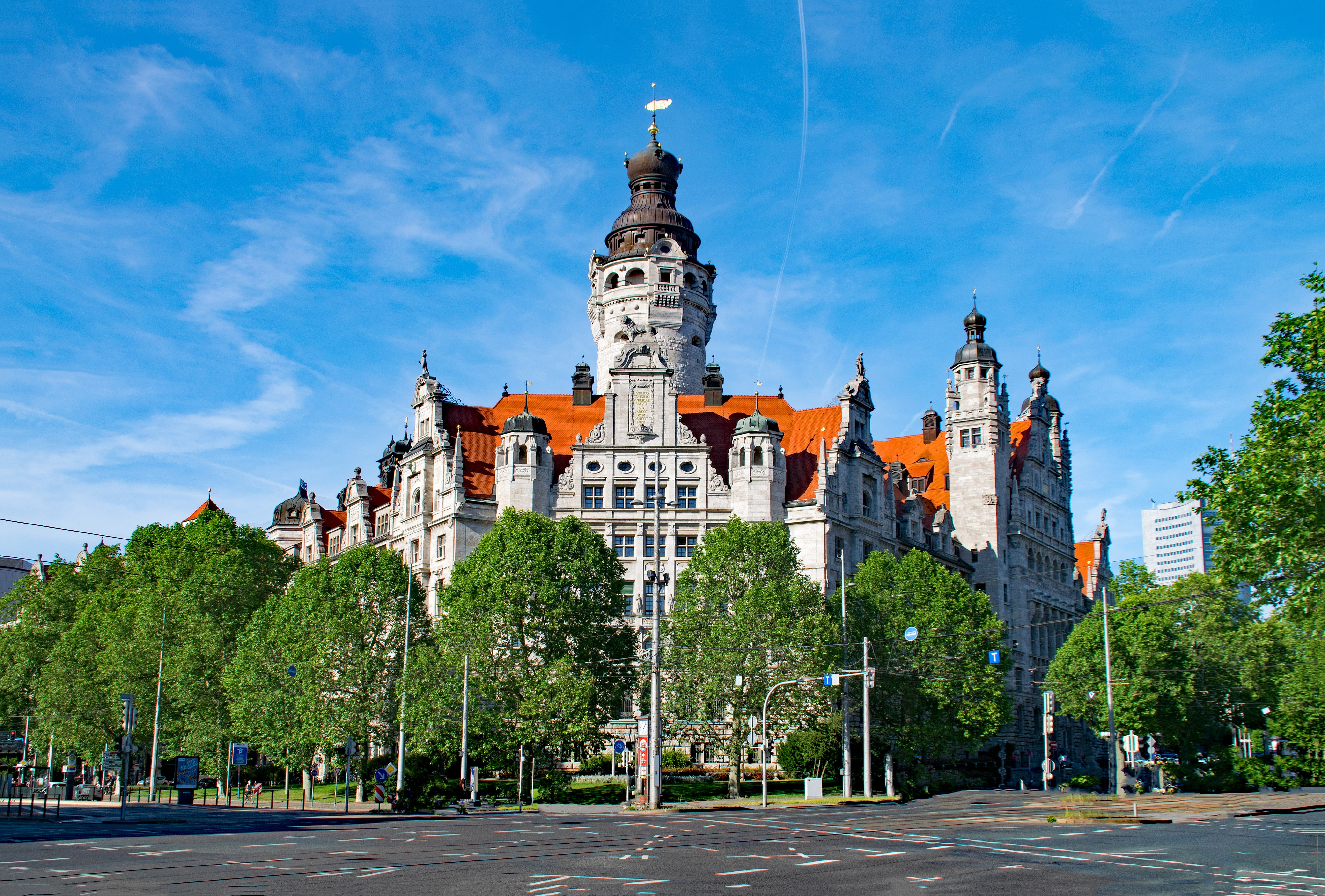 cathedral, day, old building, town hall, plant, history, Leipzig, culture, cloud - sky, gray, old town, tower, sky, Saxony, 5K, tree, built structure, HD Wallpaper
