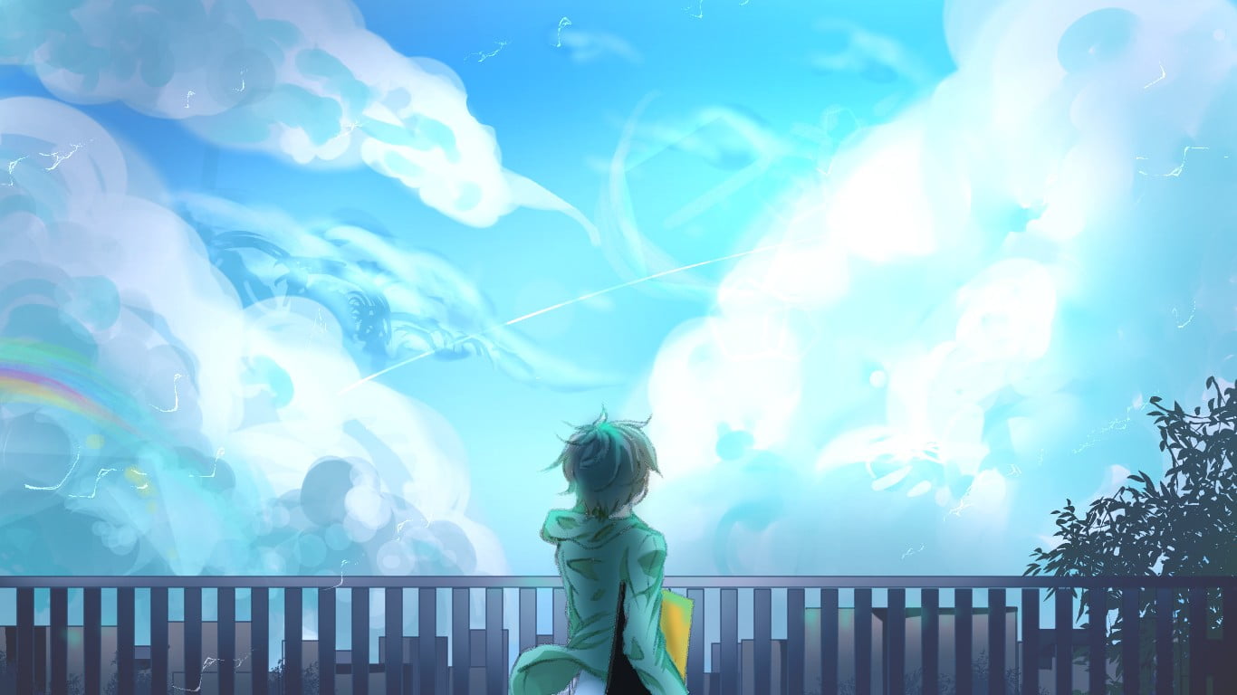 rear view, boys, standing, day, childhood, males, nature, child, blue, Kagerou Project, white, real people, manga, railing, textile, casual clothing, leisure activity, HD Wallpaper