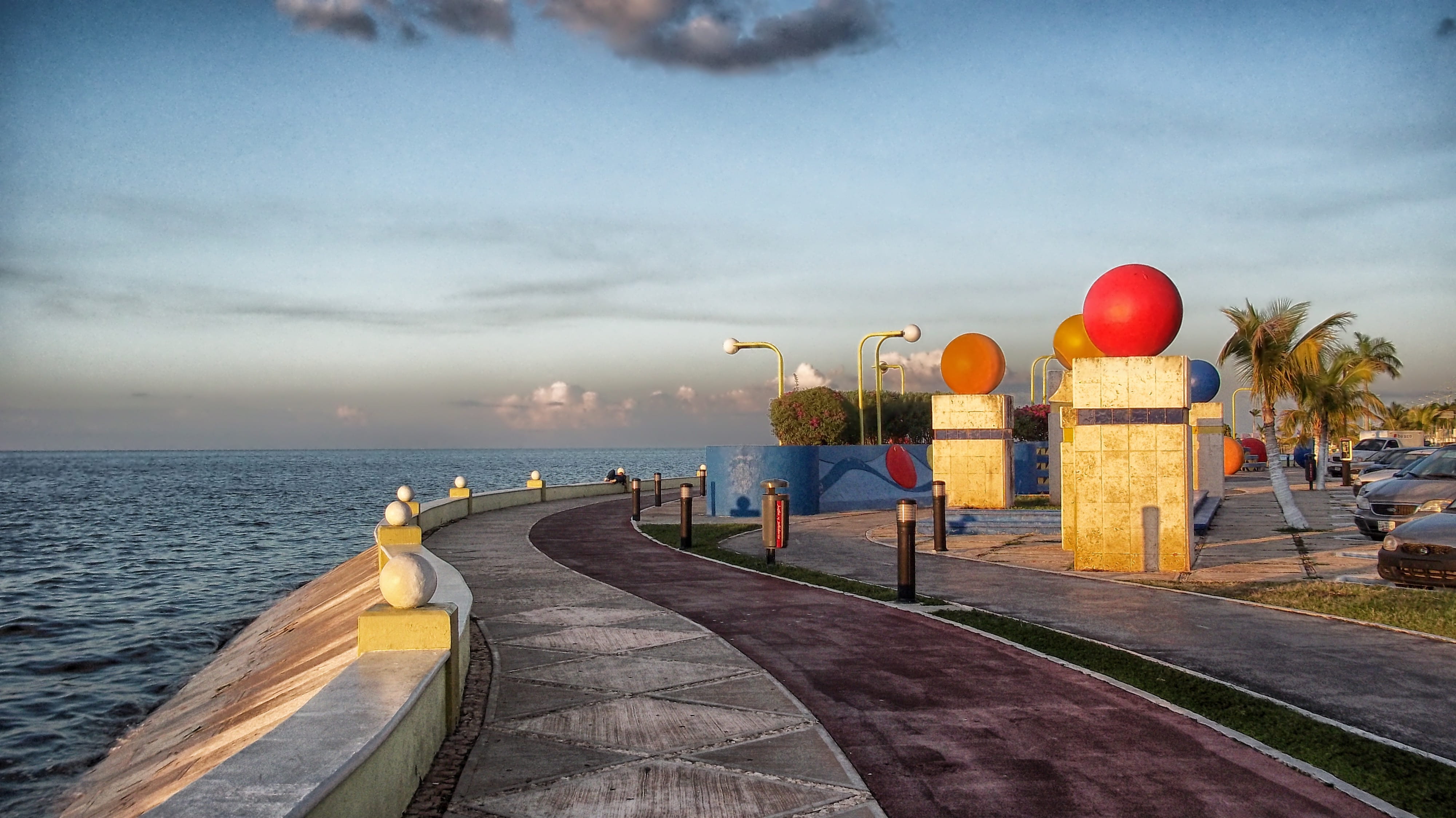 water, palm trees, clouds, building exterior, day, sky, no people, city, Sea, road, guidance, En, Mexico, scenics - nature, mexico, tropics, Campeche, path, HD Wallpaper