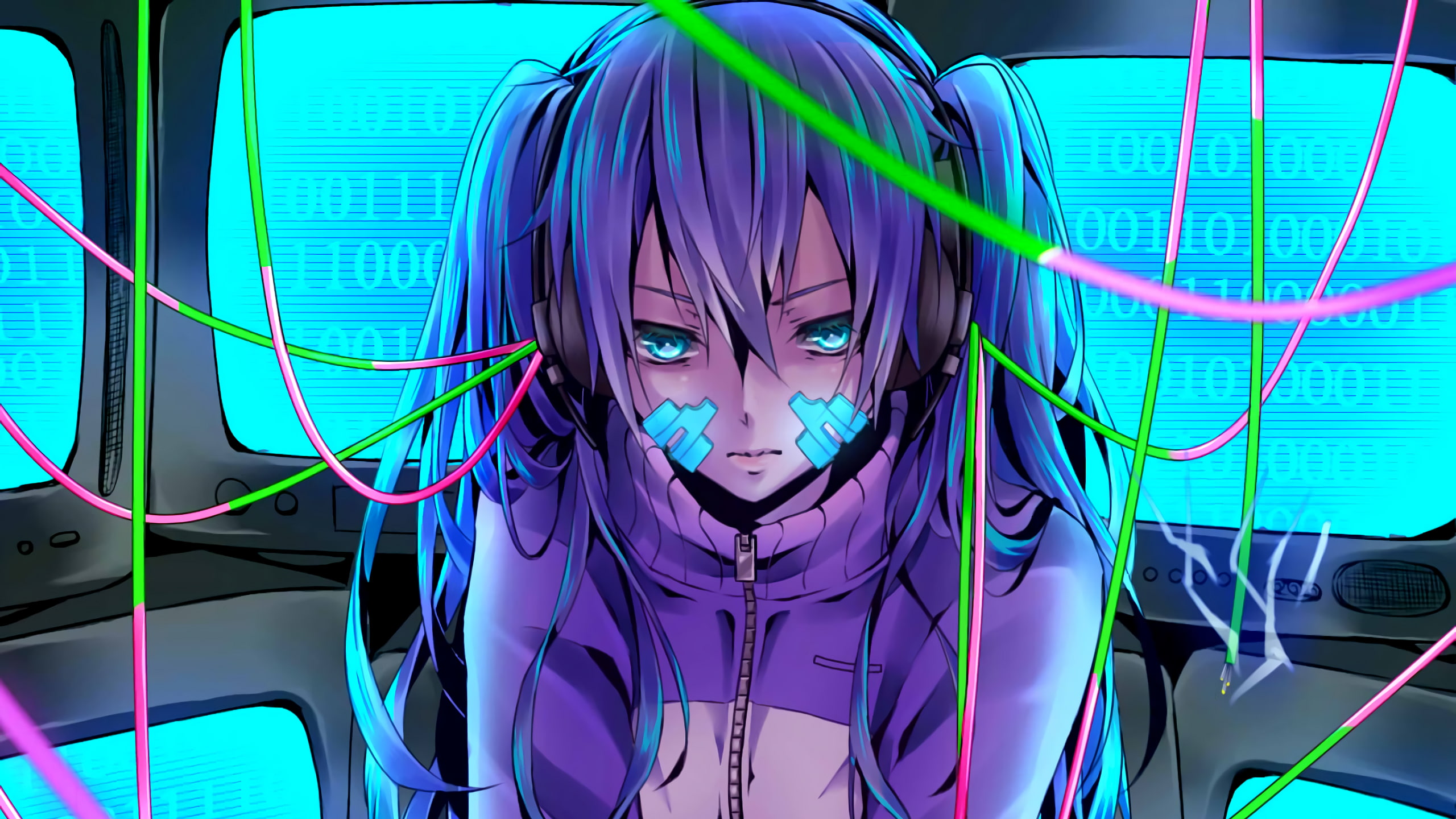 headphones, Kagerou Project, Vocaloid, purple hair, Enomoto Takane, Ene Vocaloid, binary, 2K, HD Wallpaper