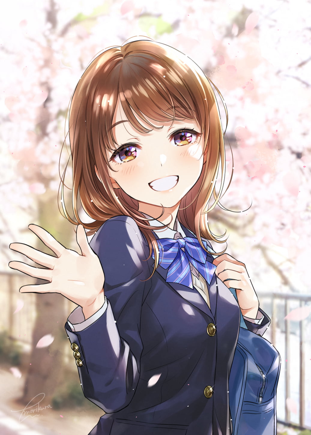 720P, brunette, blushing, digital art, depth of field, happy, anime girls, bow-tie, artwork, drawing, looking at viewer, school uniform, clenched teeth, Phone HD Wallpaper