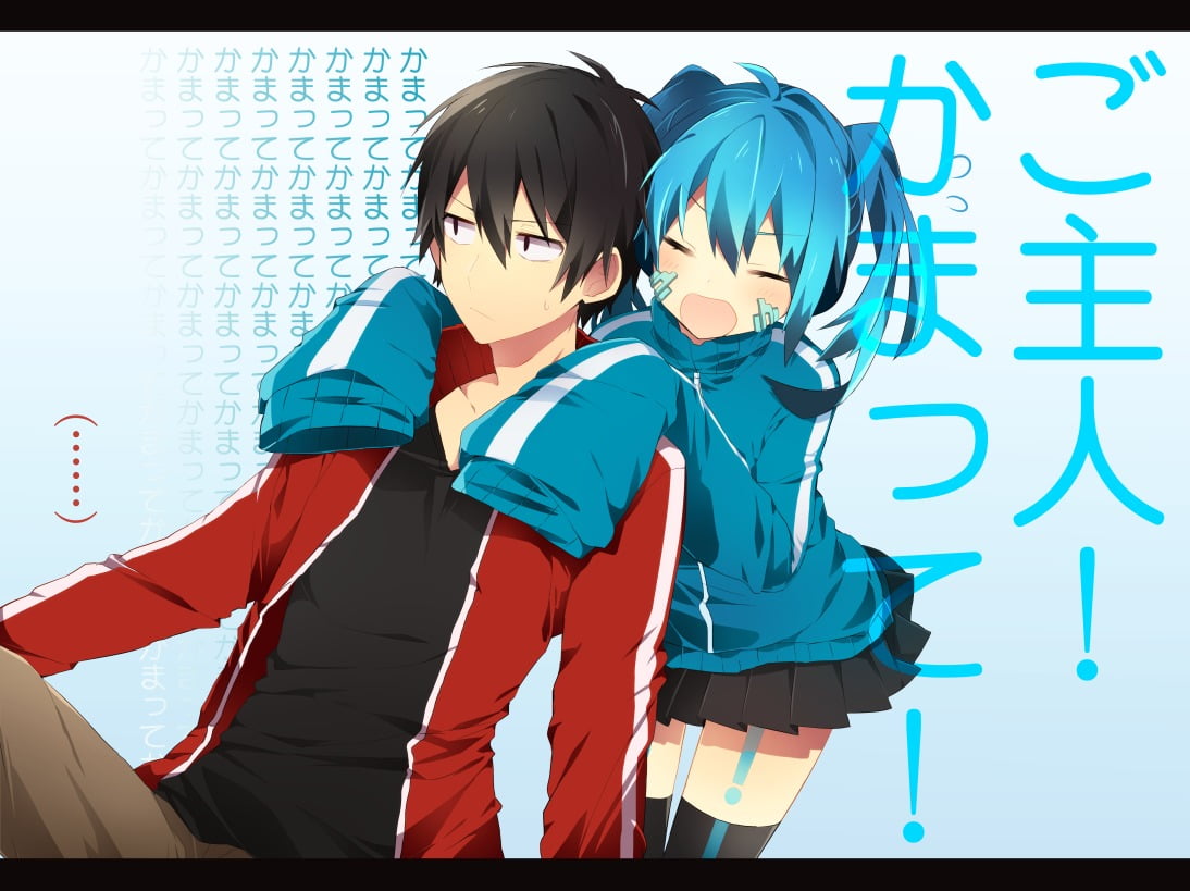 480P, three quarter length, clothing, blue hair, real people, anime, holding, standing, people, togetherness, blue, indoors, lifestyles, two people, smiling, HD Wallpaper