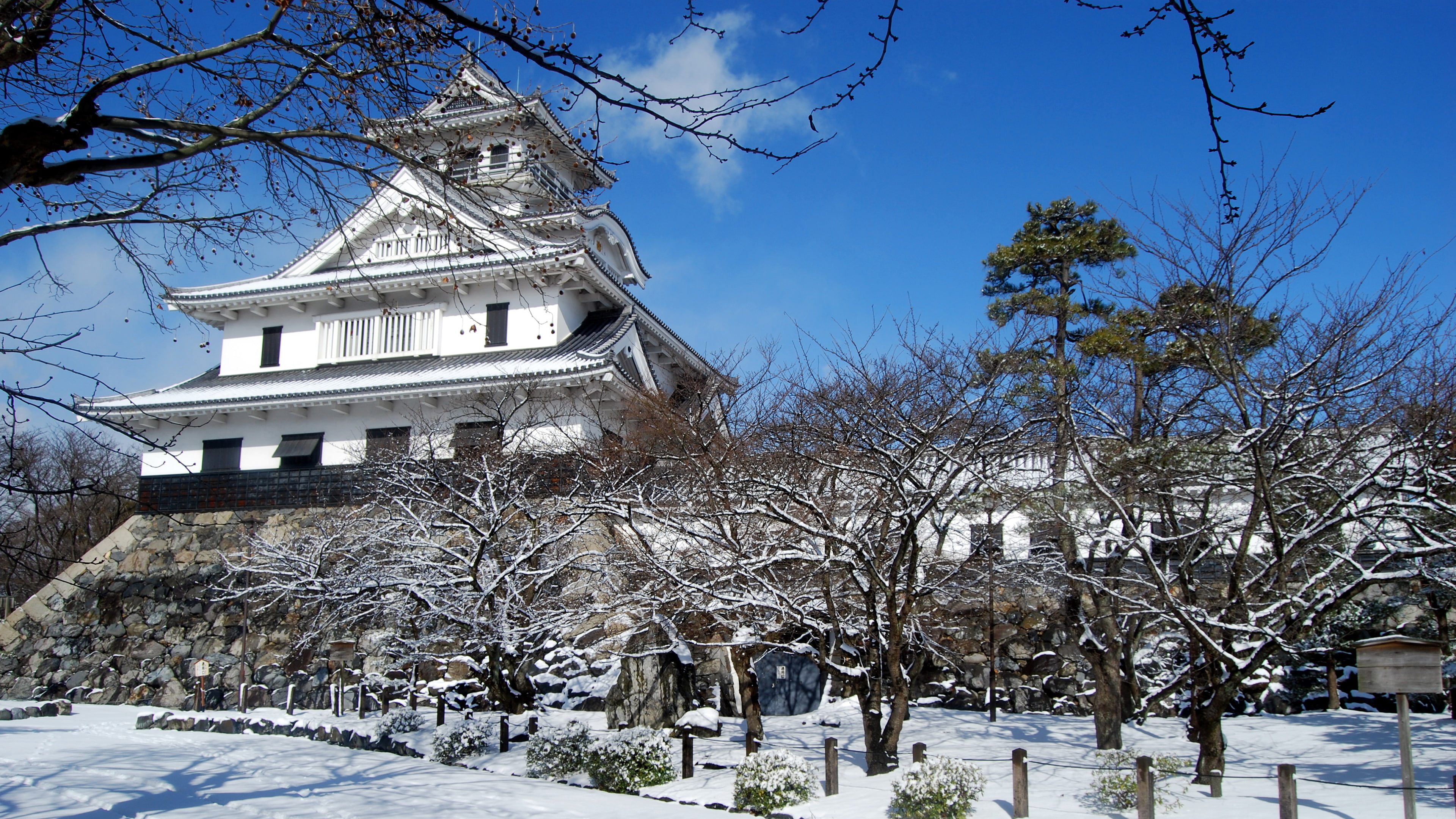 temple, nature, 4K, bare tree, plant, tree, religion, winter, architecture, cold temperature, blue, building, building exterior, no people, snow, place of worship, HD Wallpaper