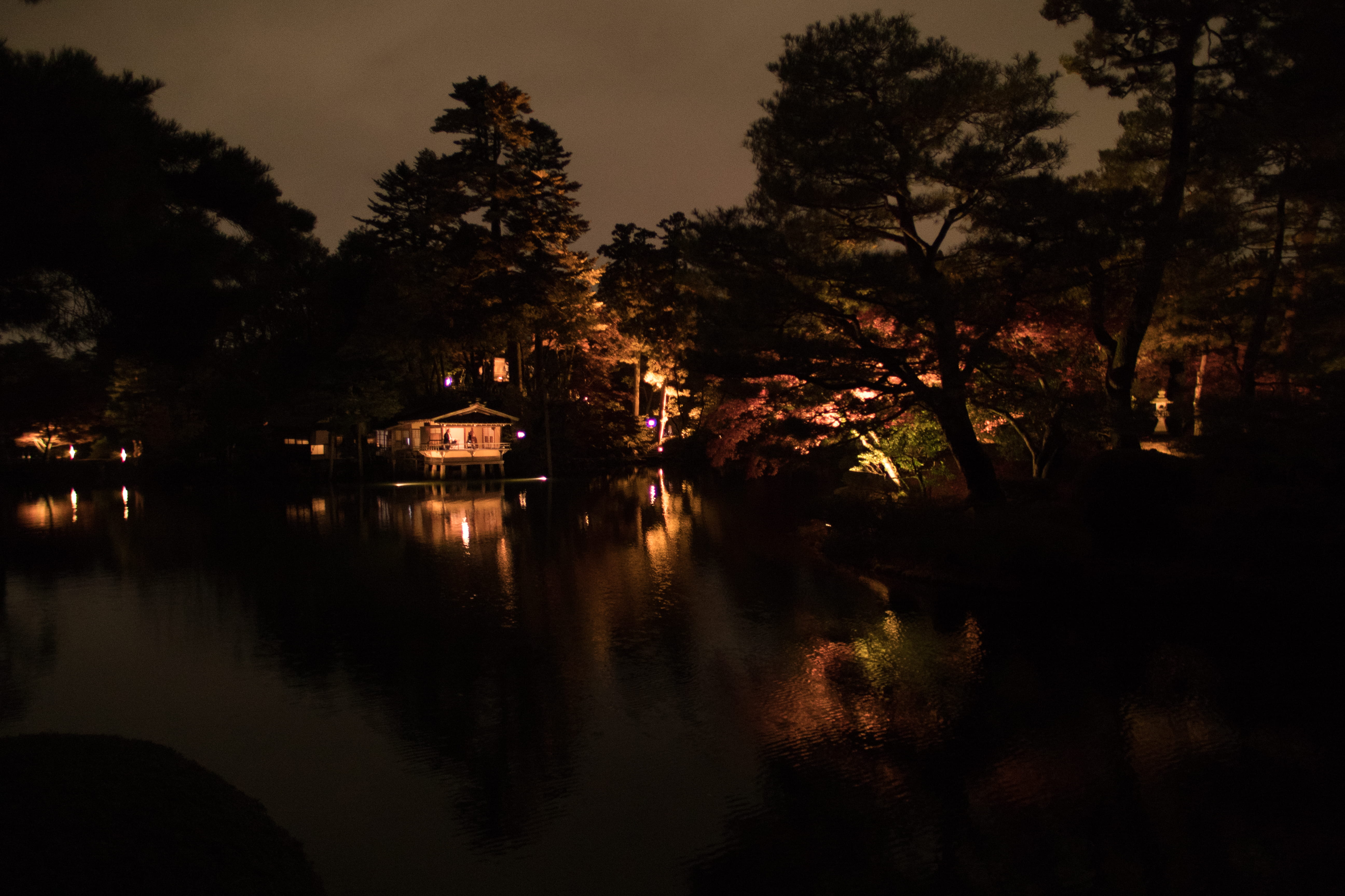 garden, city, sky, japan, built structure, building exterior, scenics - nature, 5K, no people, reflection, light up, water, kanazawa, nature, plant, tranquility, HD Wallpaper