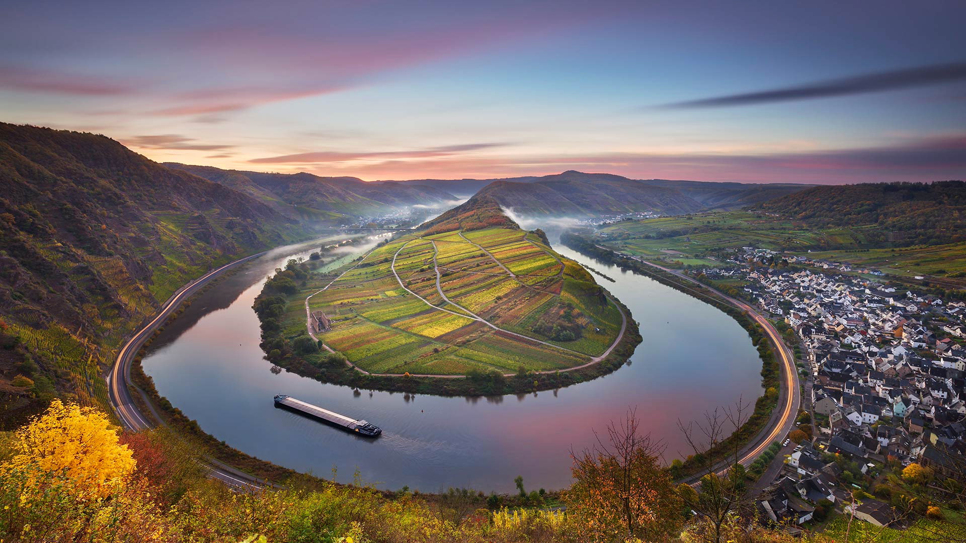 autumn, 1080P, nature, the river Moselle, Germany, Rhineland-Palatinate, barge, Bremm, mountains, HD Wallpaper