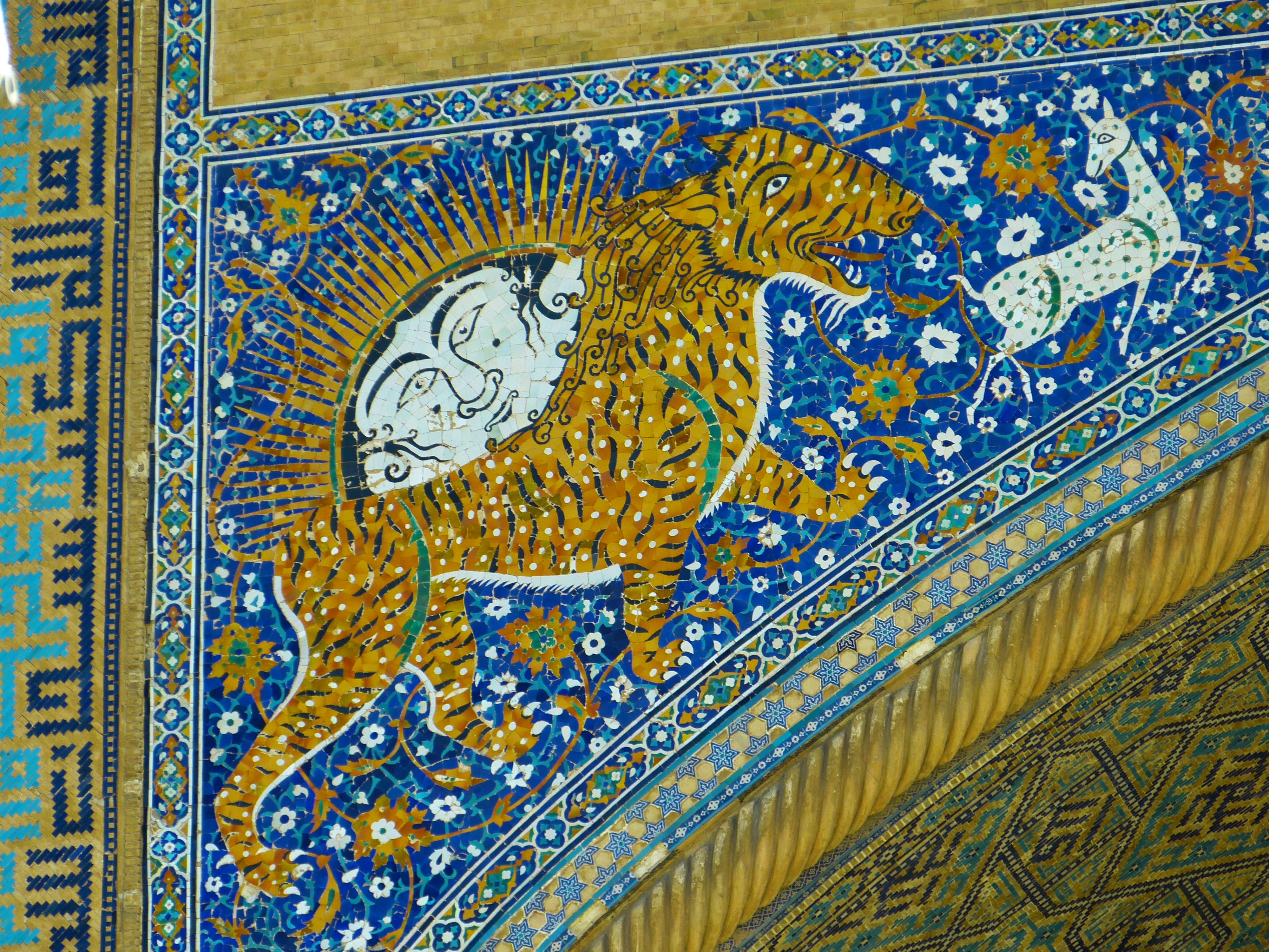 tiger, sandy place, backgrounds, no people, architecture, madrasahs, mural, animal representation, religion, close-up, Registan Square, lion, design, built structure, HD Wallpaper