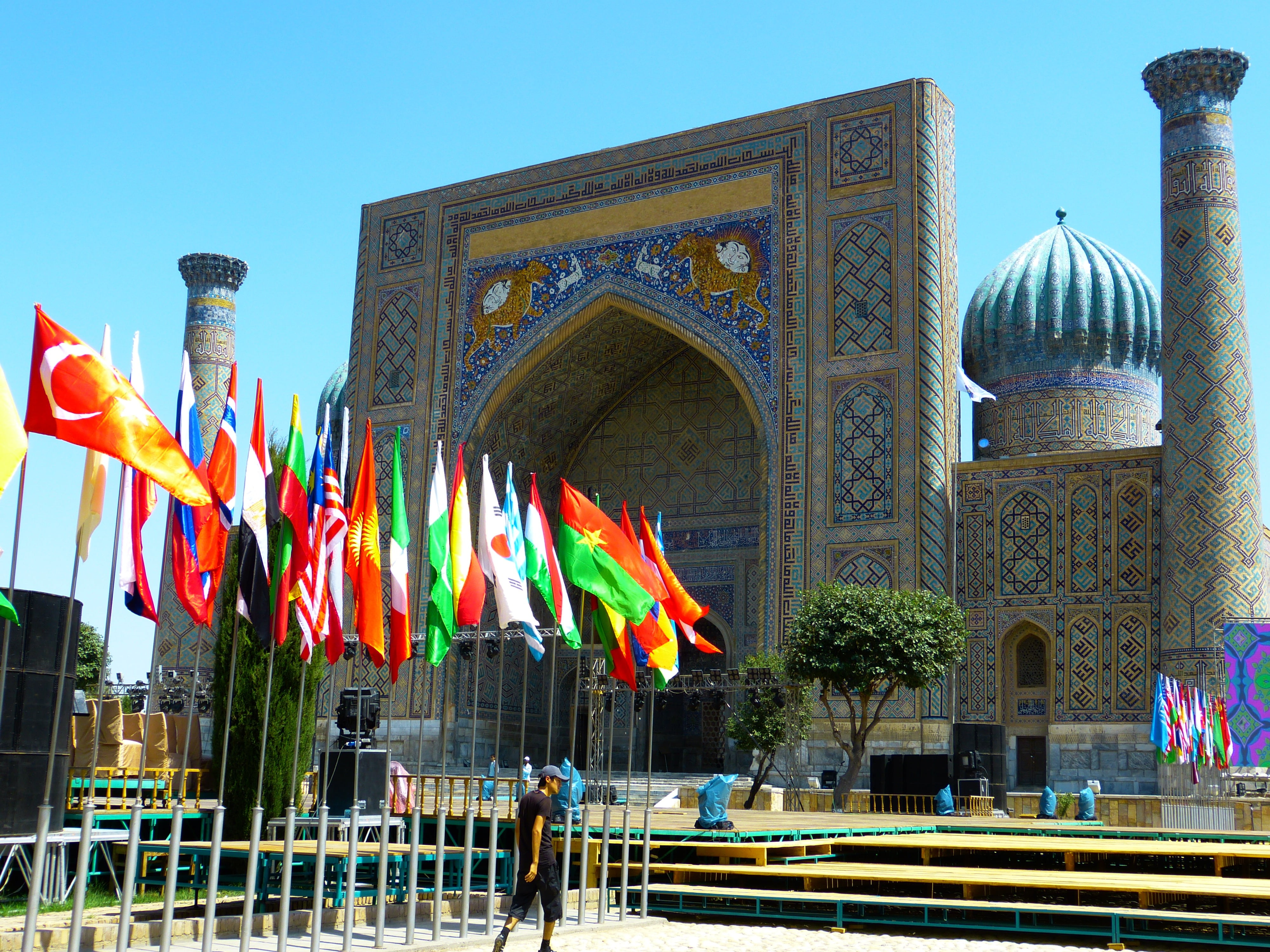 travel destinations, multi colored, travel, samarkand, registan square, uzbekistan, day, majolica, low angle view, nature, ceramic, minaret, lion, sher dor madrassah, HD Wallpaper