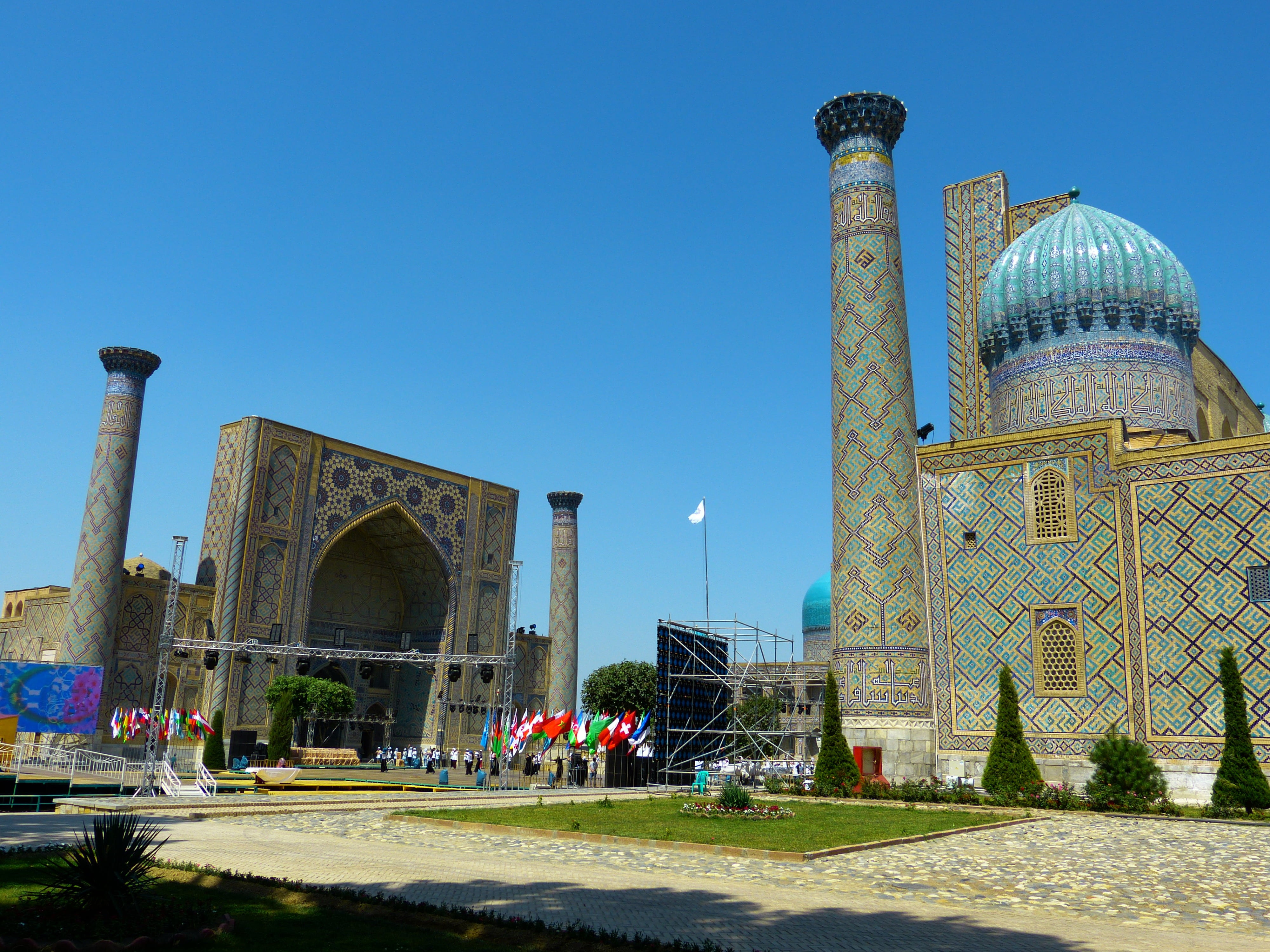 travel destinations, spirituality, registan square, building, sky, building exterior, space, outdoors, ceramic, madrasahs, tile, religion, minaret, history, HD Wallpaper